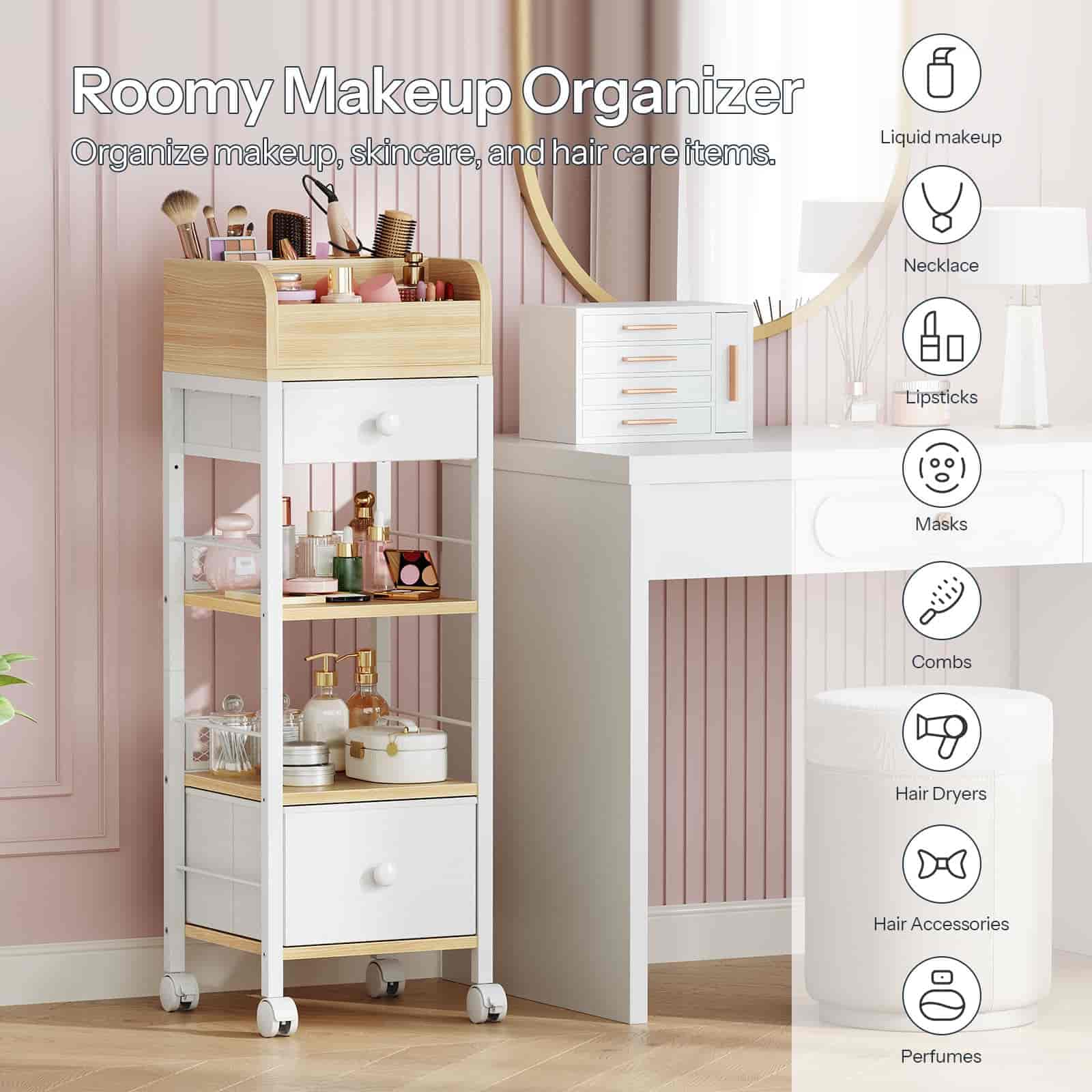 hoobro-rangement-desserte-maquillage-blanche-roulettes image 7