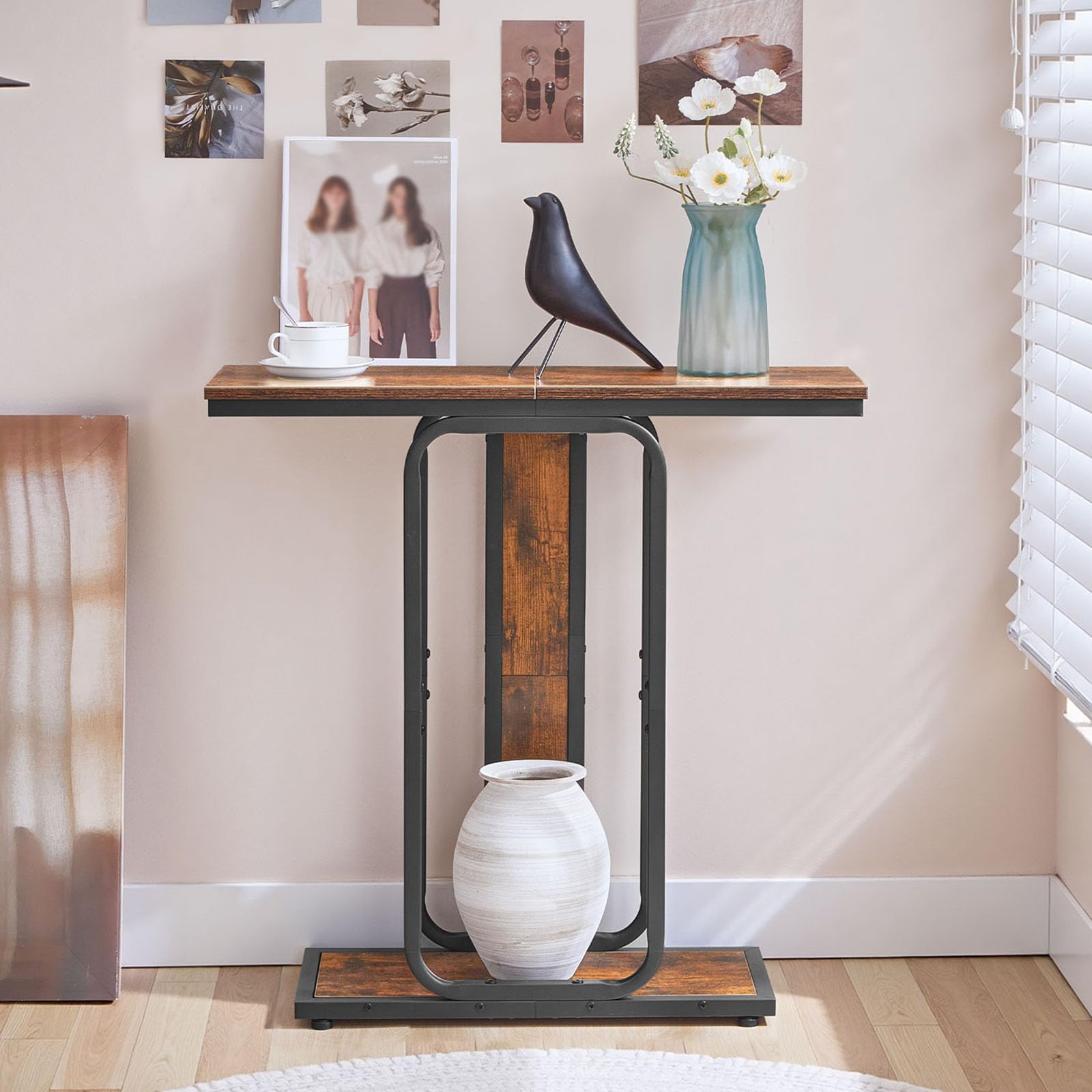 hoobro-table-console-entr-e-marron-troite-2-niveaux image 2