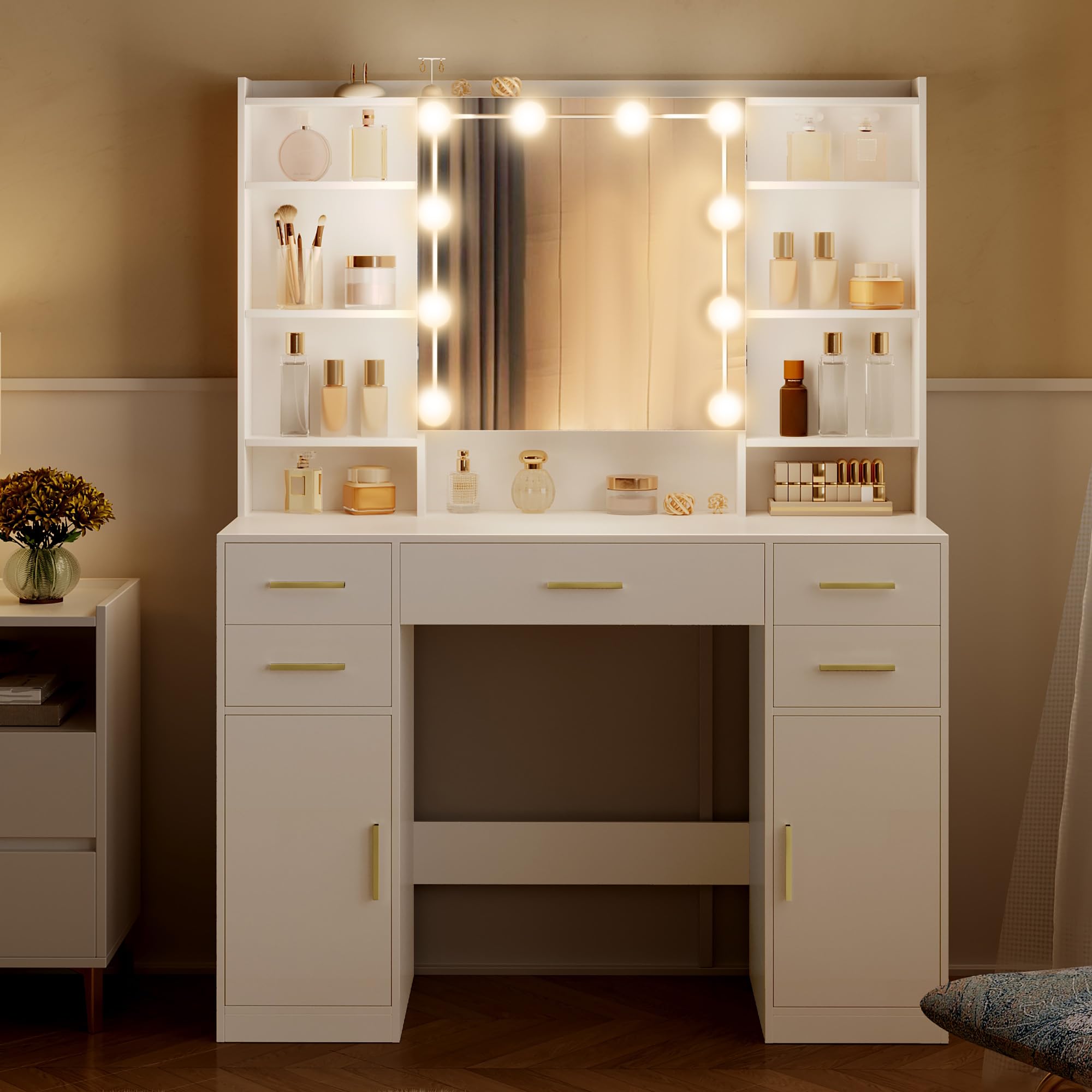 hexcelen-coiffeuses-avec-miroir-108-cm-blanche-led-5-tiroirs image 4