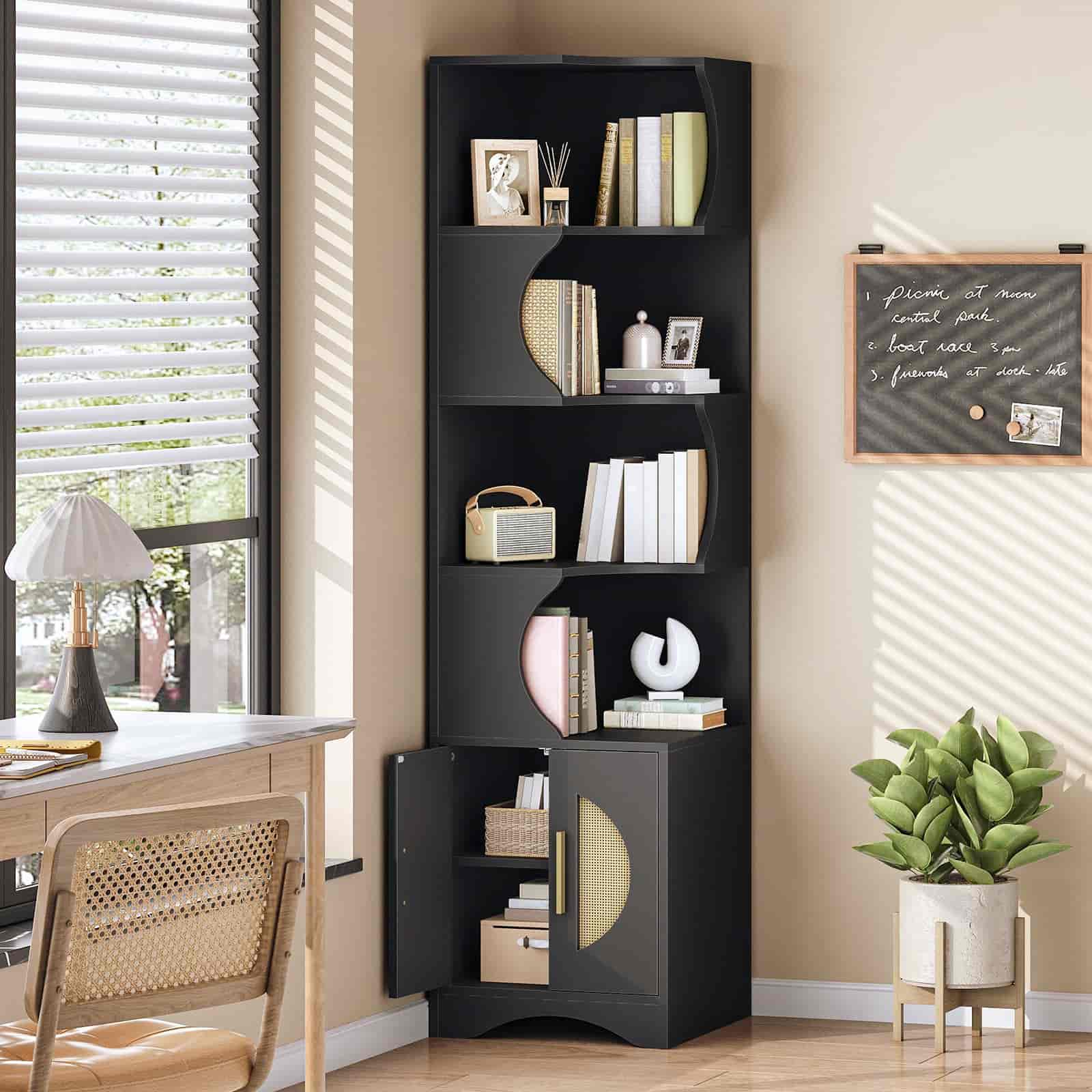 hoobro-bookshelves-biblioth-que-d-angle-noire-180-cm-porte-tiss-e image 5