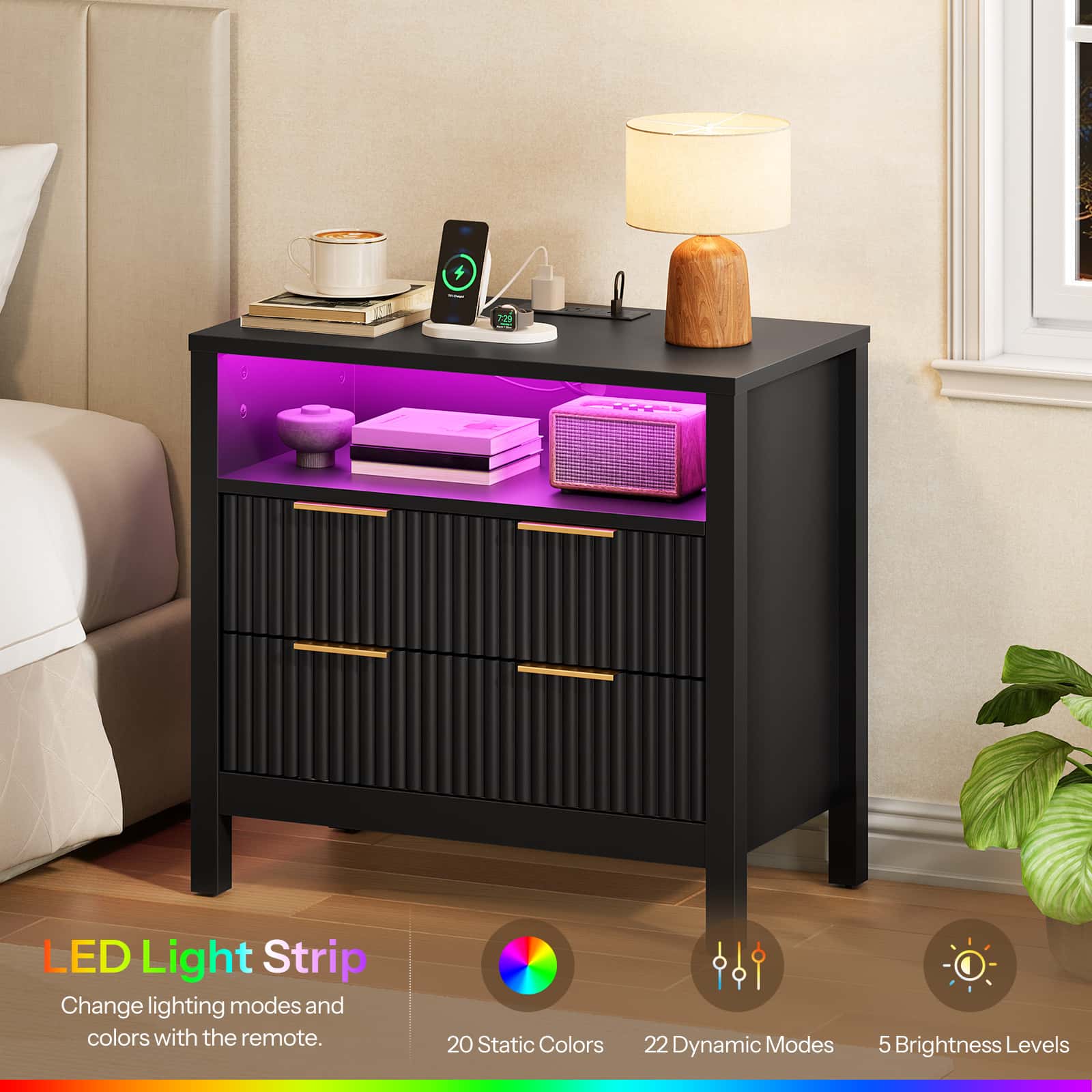 hoobro-table-chevet-led-noire-70cm-prise-usb-c image 5