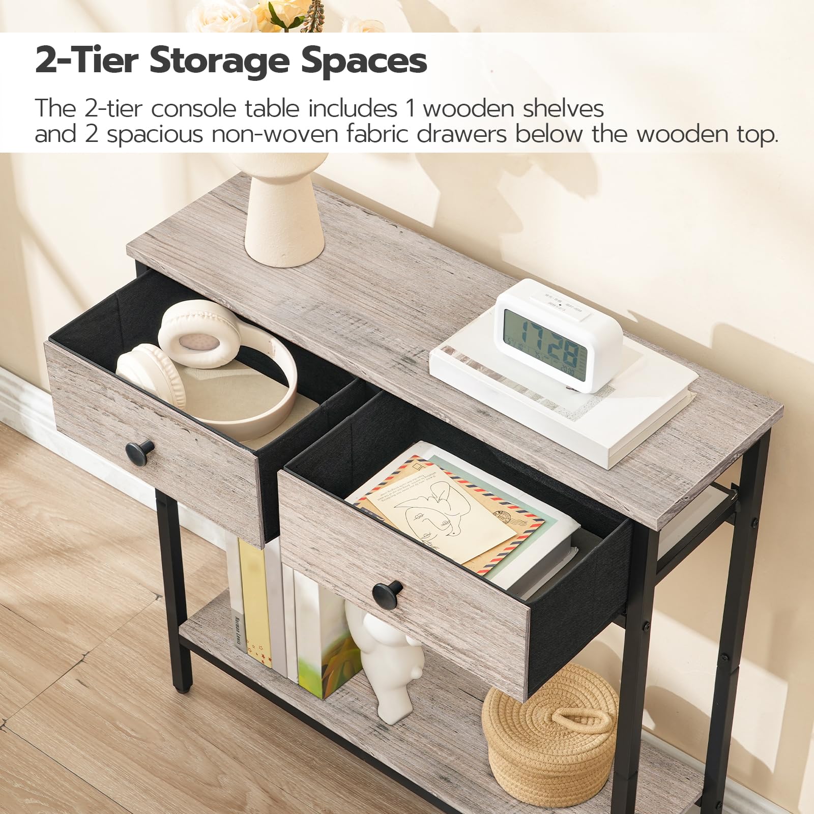 hoobro-console-table-29-5-2-tiroirs-tissu-greige image 7