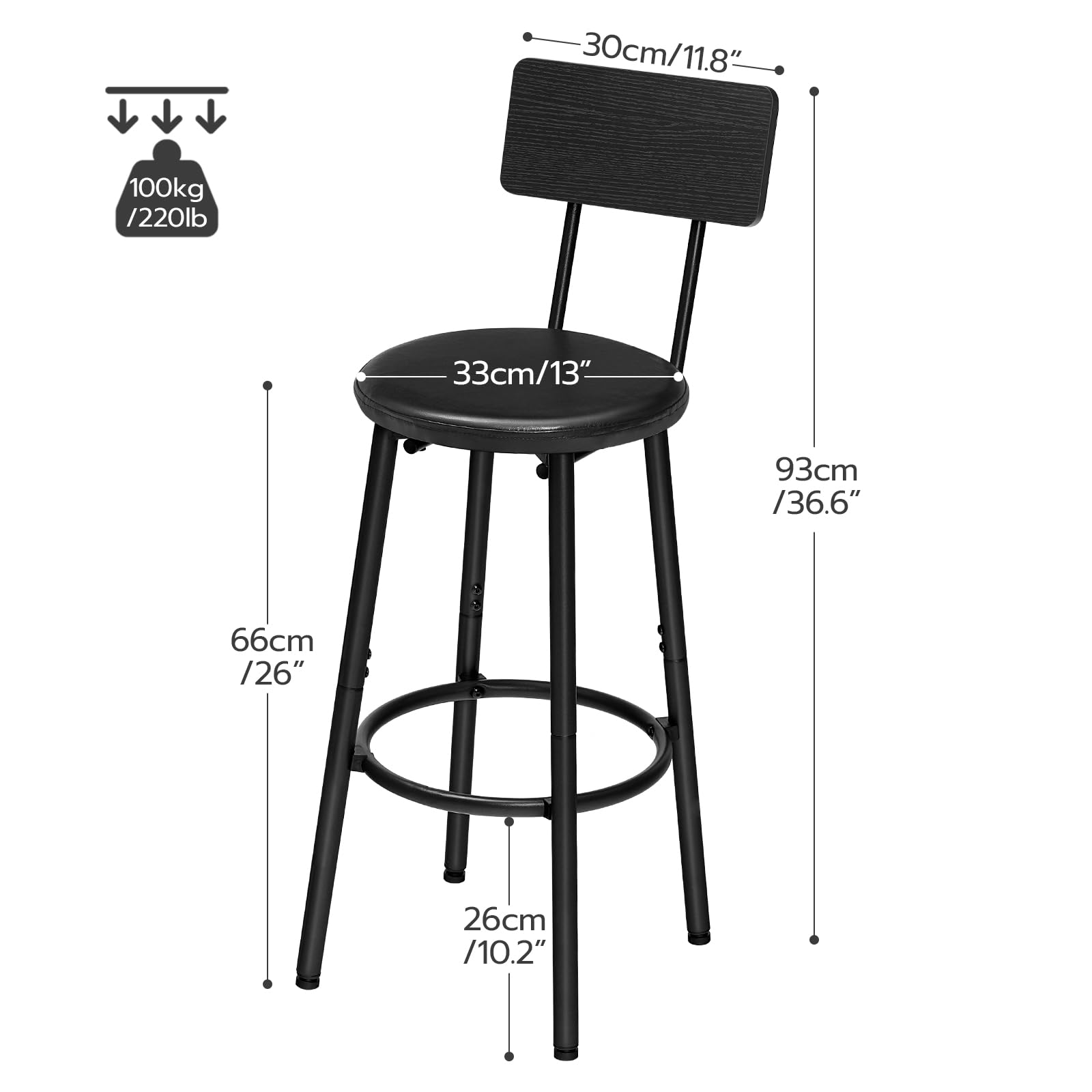 hoobro-bar-stools-tabouret-de-bar-noir-pu-lot-de-2-dossier image 3