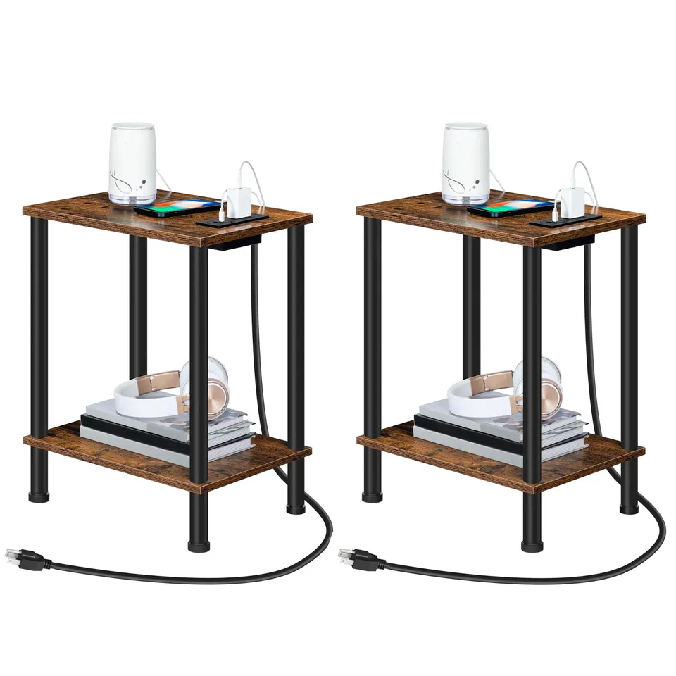 hoobro-side-tables-lot-2-tables-d-appoint-marron-usb image 1