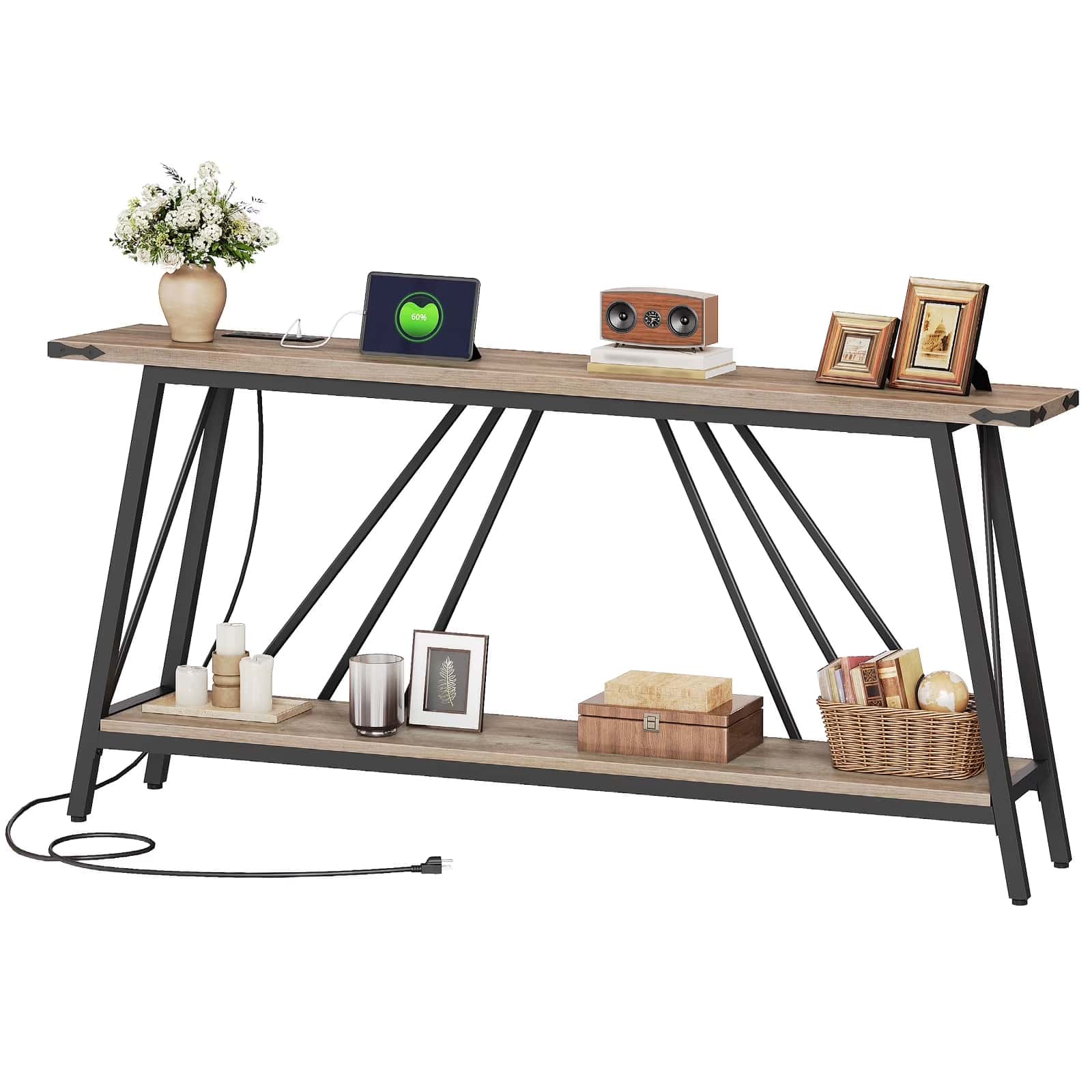hoobro-console-table-meuble-entr-e-greige-2-niveaux-avec-prise image 1