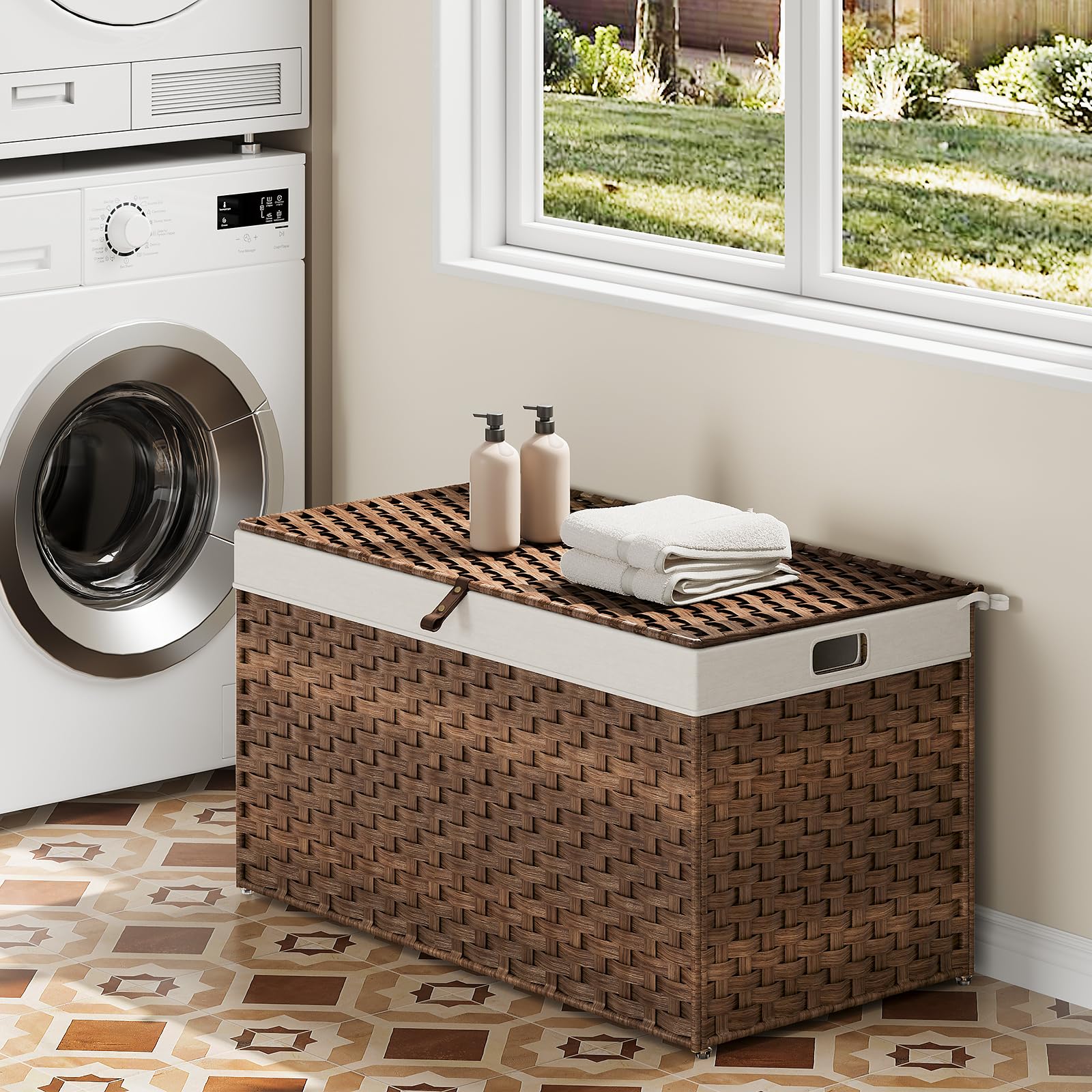 hoobro-panier-linge-160l-marron-couvercle-poign-es image 2