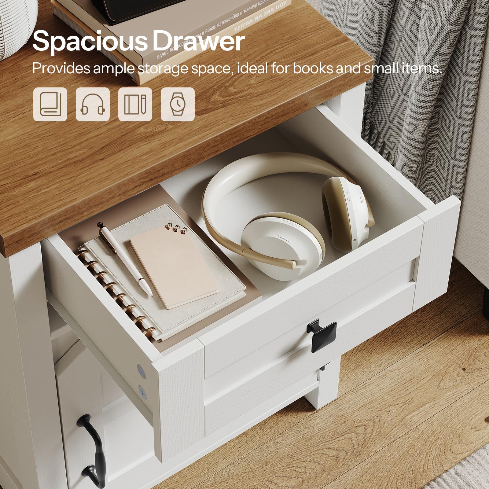 hoobro-table-de-chevet-blanche-tiroir-avec-prise-usb image 7