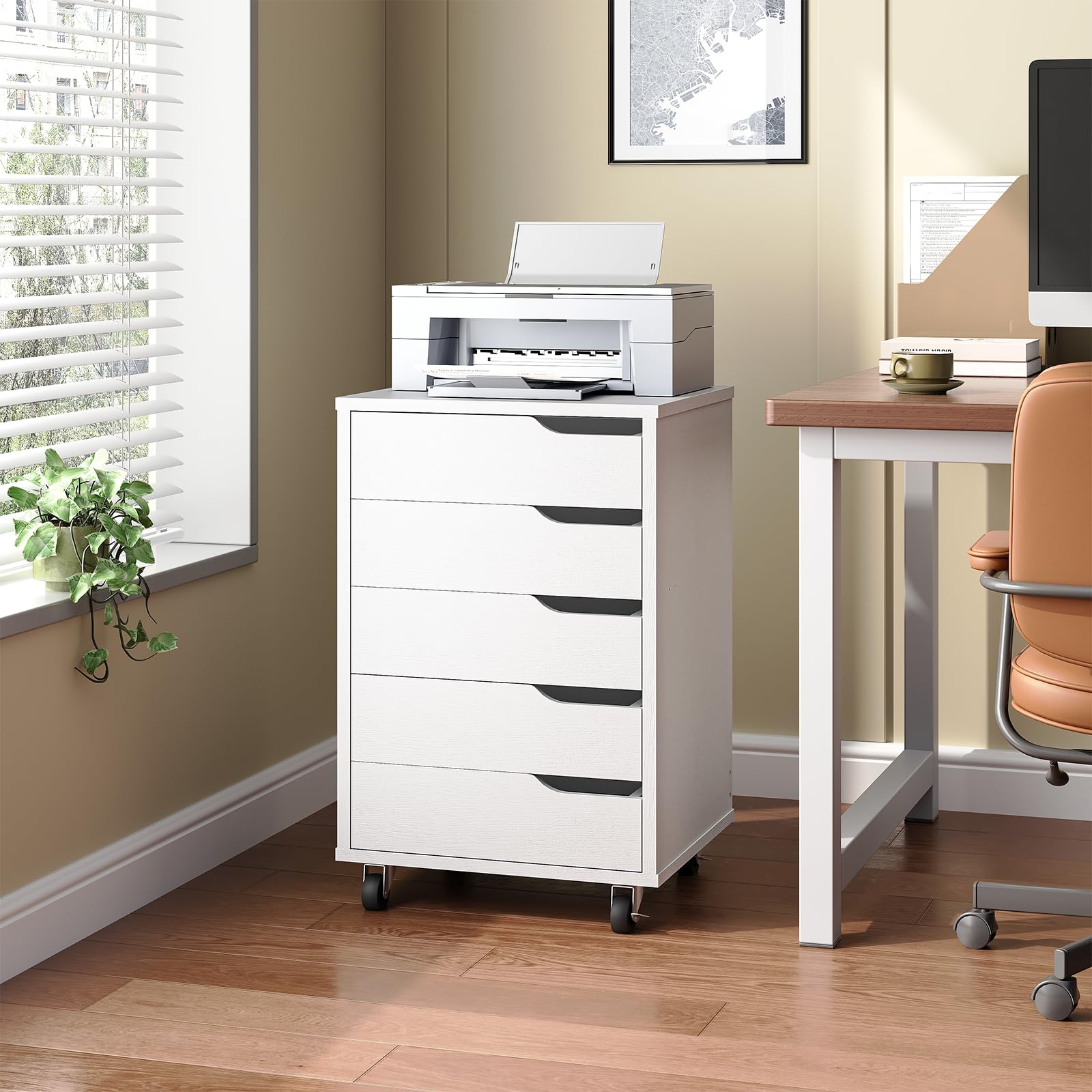 hoobro-caisson-de-bureau-mobile-5-tiroirs-blanc-roulettes image 2