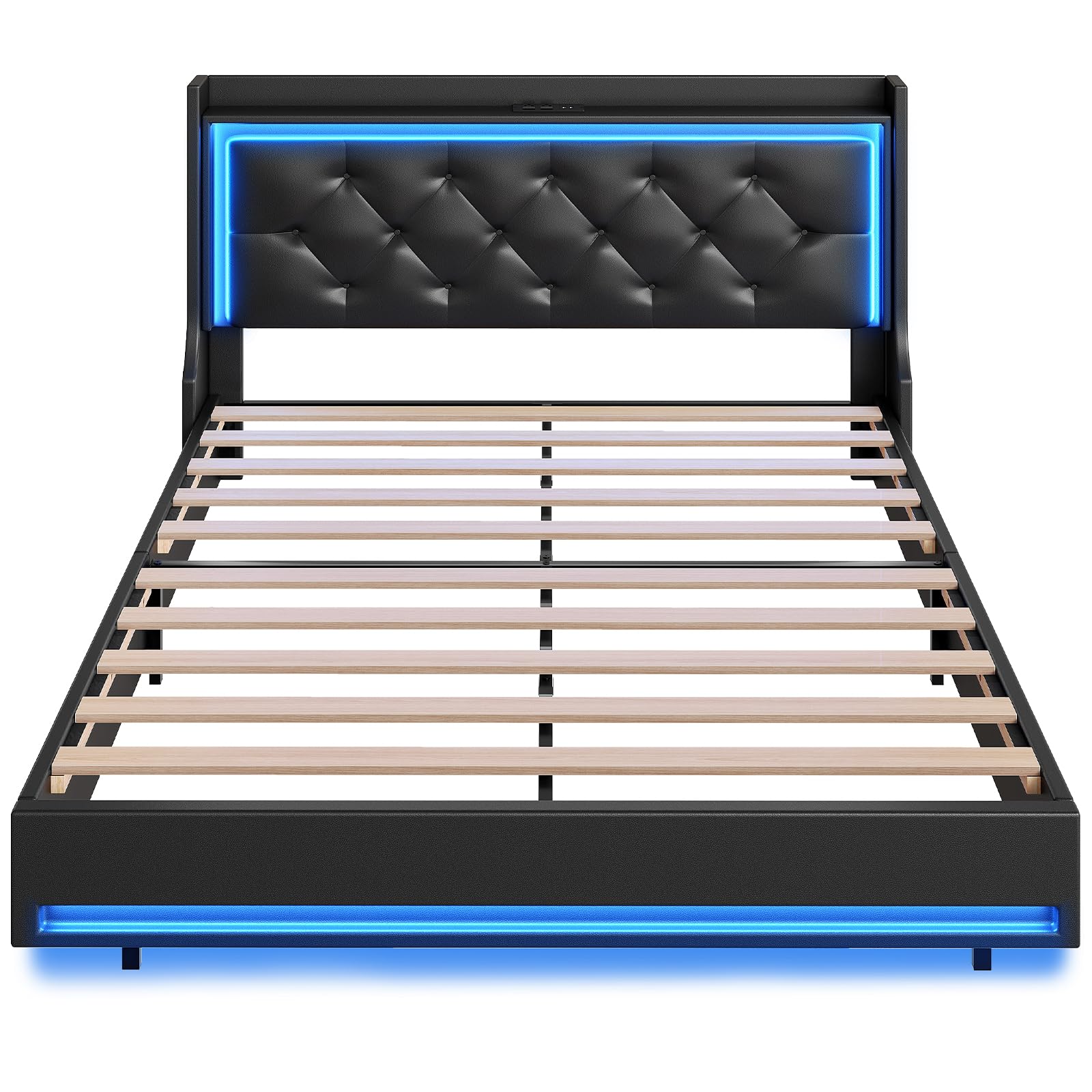 hoobro-bed-frames-lit-queen-noir-led-usb-capitonn image 1