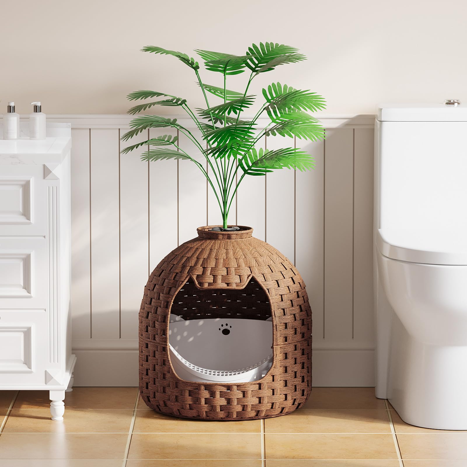 hoobro-pet-furniture-meuble-liti-re-chat-marron-rotin-plante image 7