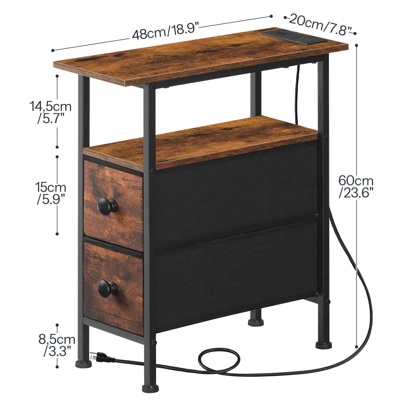 hoobro-table-d-appoint-troite-marron-prise-usb-tiroirs image 4
