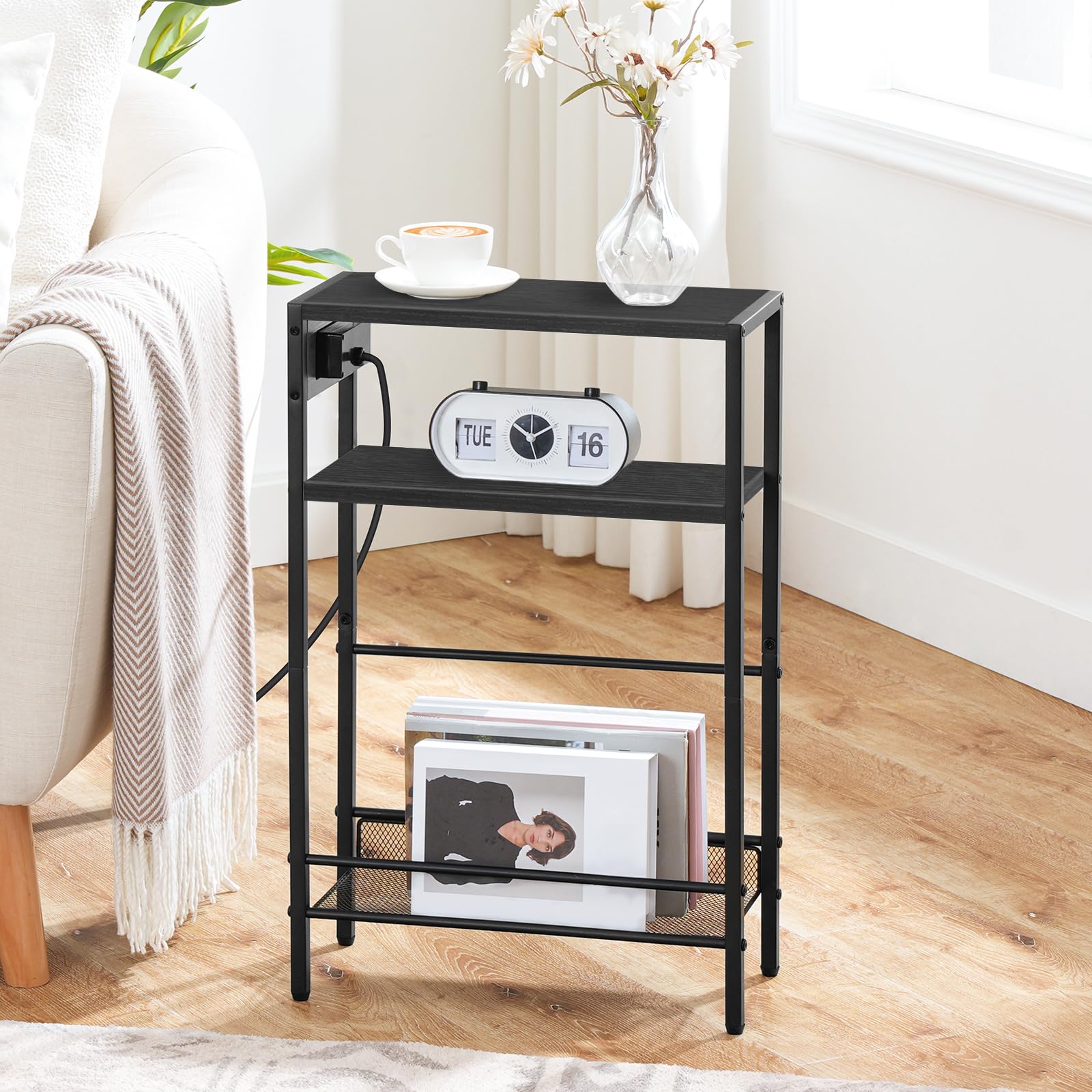 hoobro-side-tables-table-d-appoint-troite-noire-avec-station-charge image 2