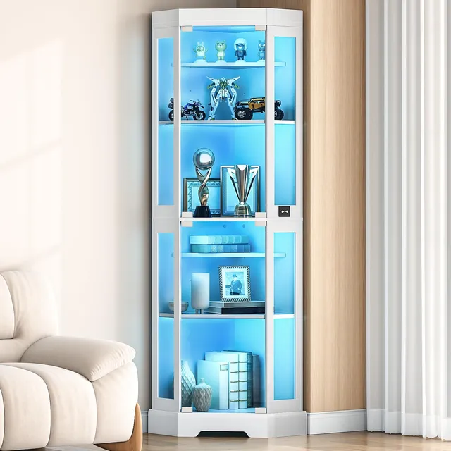 hoobro-bookshelves-vitrine-d-angle-blanche-lumineuse-portes-verre image 1