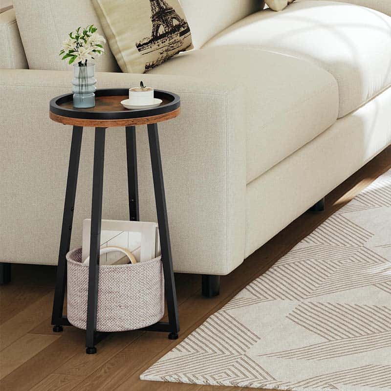 hoobro-side-tables-table-d-appoint-ronde-marron-panier-tissu image 2
