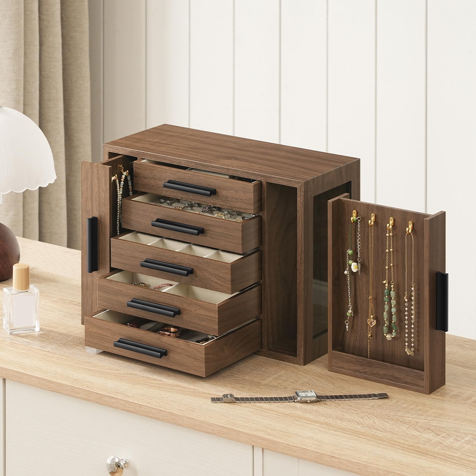 hoobro-jewelry-boxes-bo-te-bijoux-bois-5-tiroirs-noyer image 2