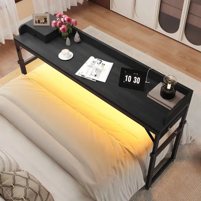 hoobro-bb180uddn01-table-de-lit-noire-roulettes-prise image 1