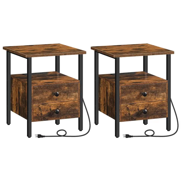 hoobro-lot-2-tables-de-chevet-marron-prise-usb-2-tiroirs image 1