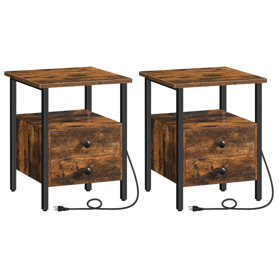 hoobro-lot-2-tables-de-chevet-marron-prise-usb-2-tiroirs image 1