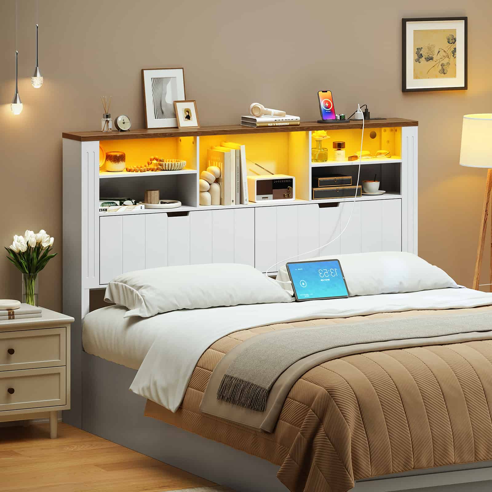 hoobro-t-te-de-lit-rangement-blanche-led-usb image 5
