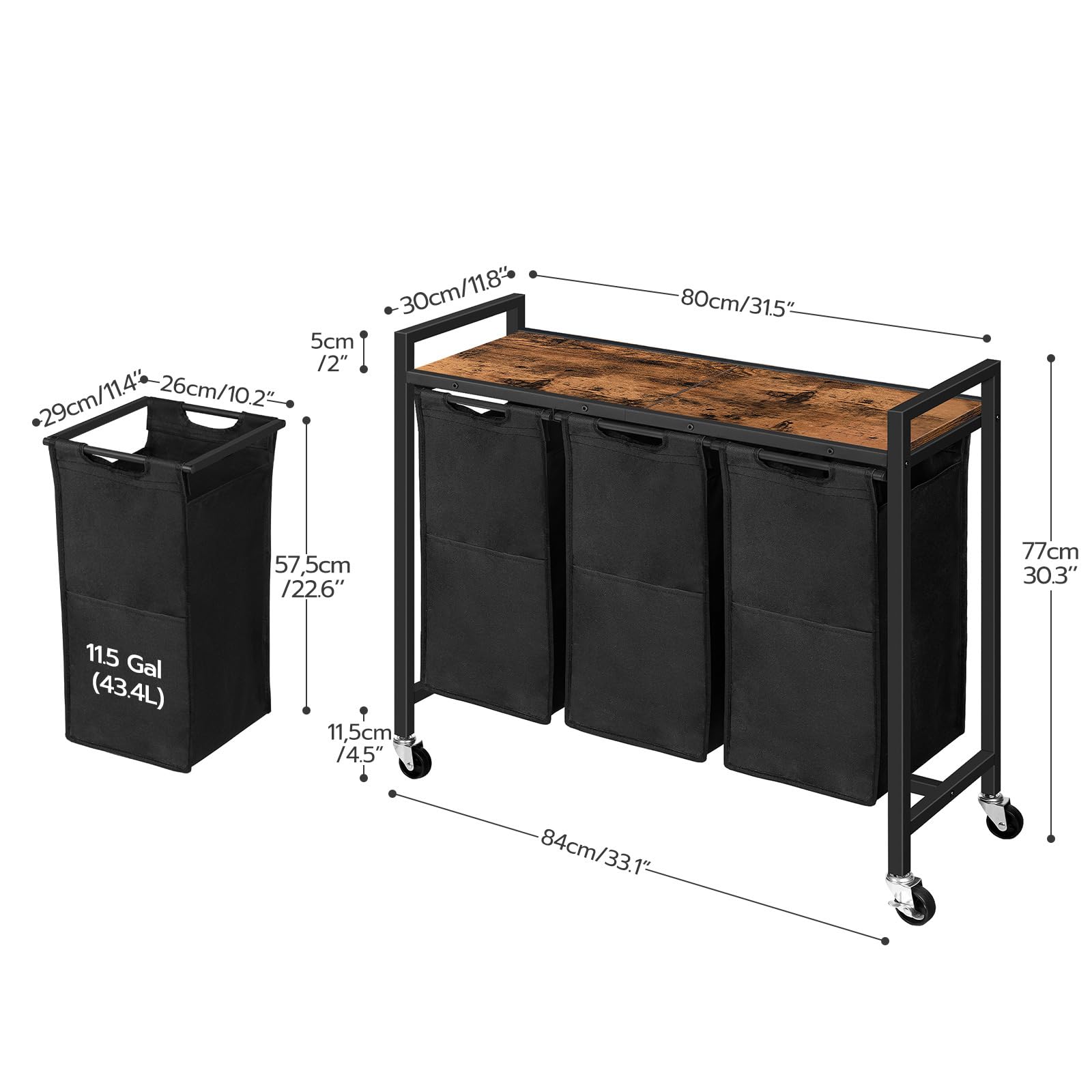 hoobro-43-5-l-panier-linge-3-compartiments-roulettes-marron image 3