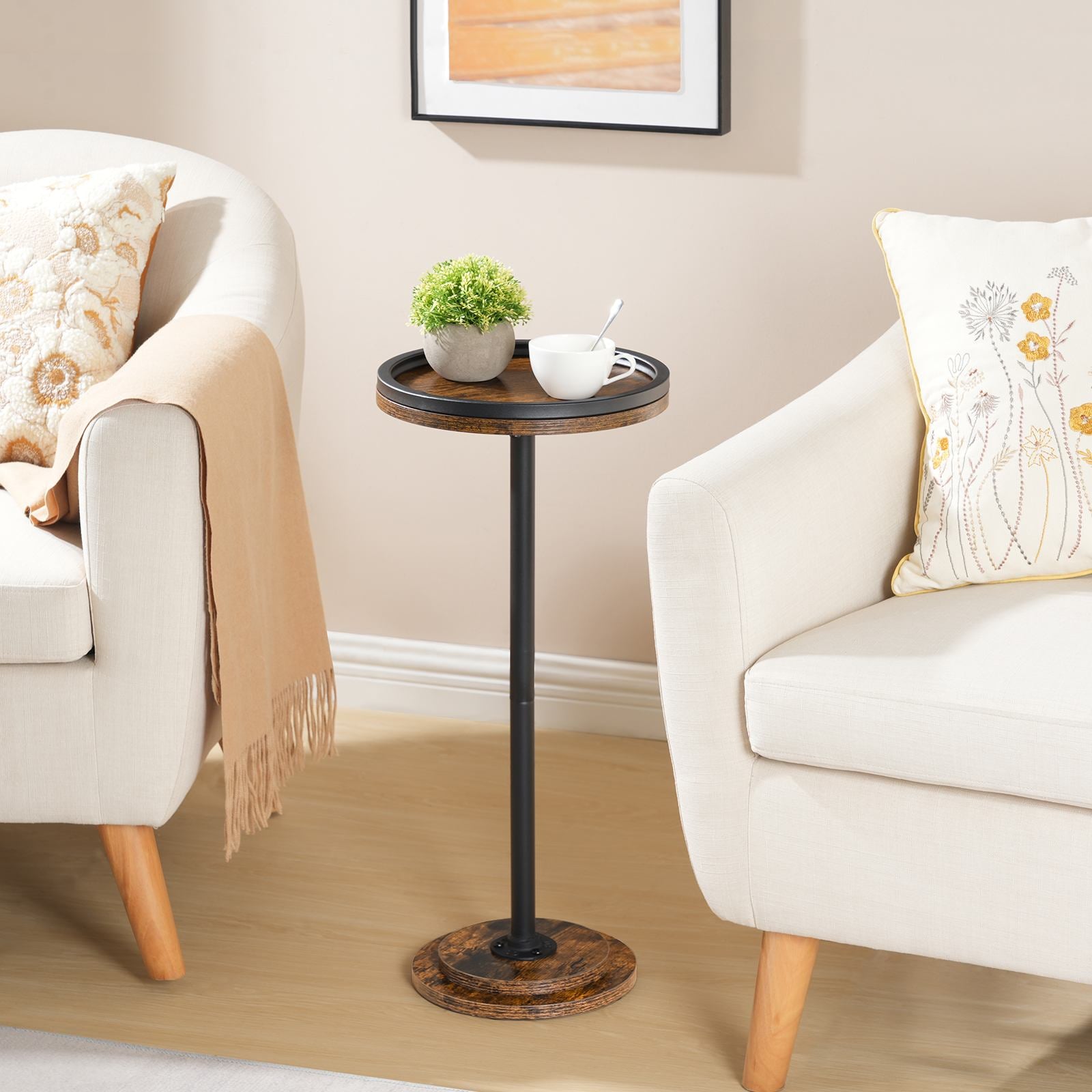 hoobro-side-tables-lot-2-tables-rondes-hautes-marron-plateau image 2