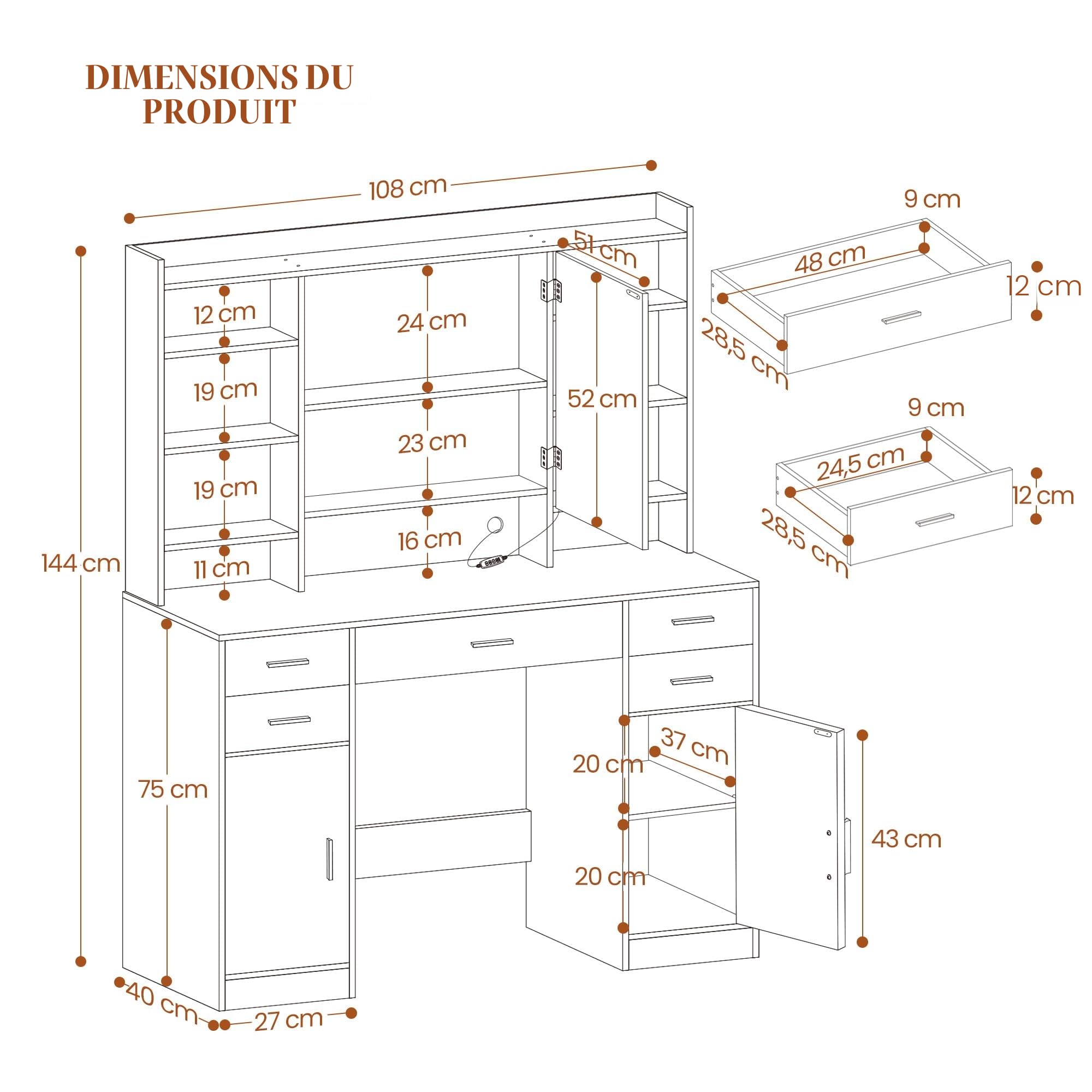 hexcelen-coiffeuses-avec-miroir-108-cm-blanche-led-5-tiroirs image 2