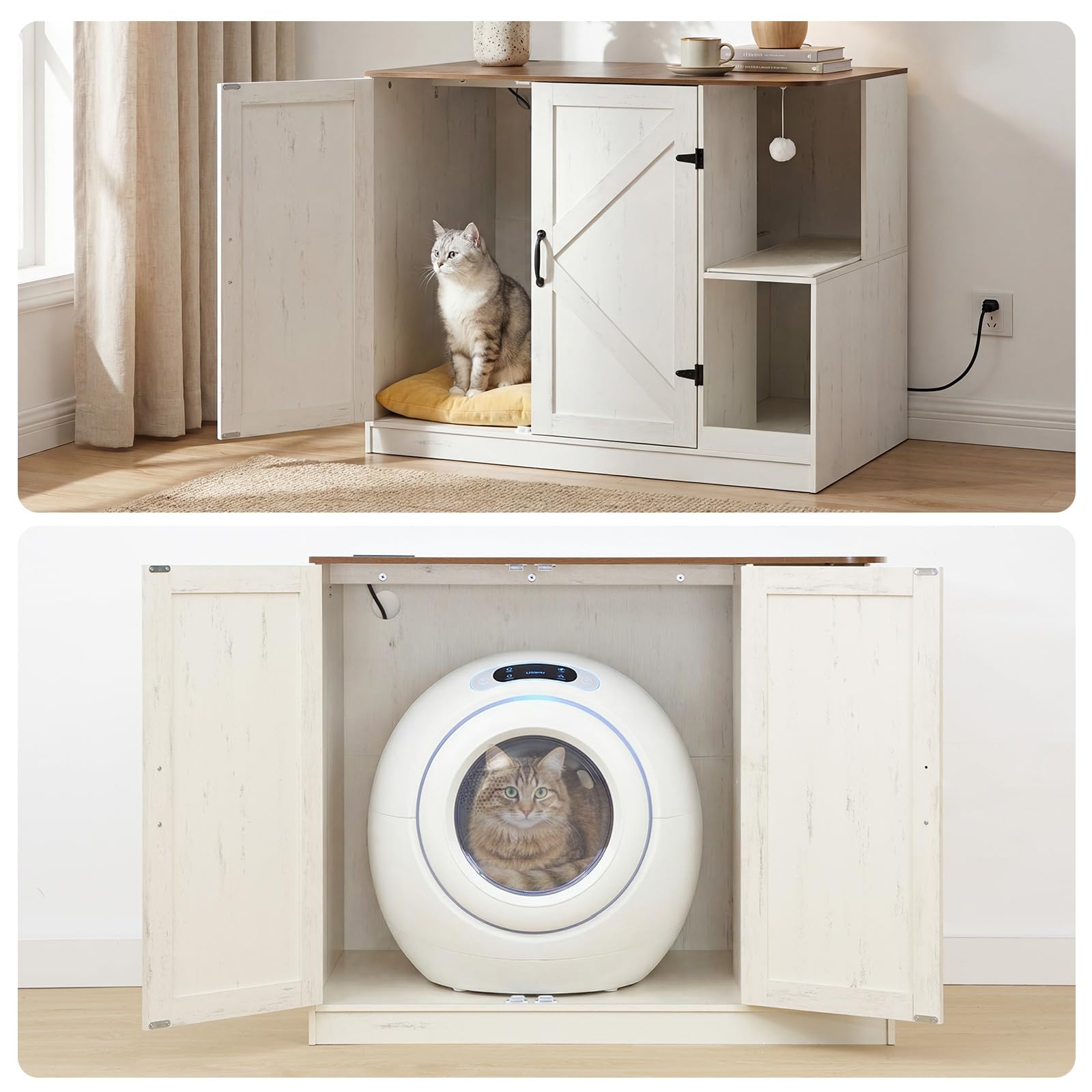 hoobro-pet-furniture-meuble-liti-re-chat-automatique-blanc-farmhouse image 7