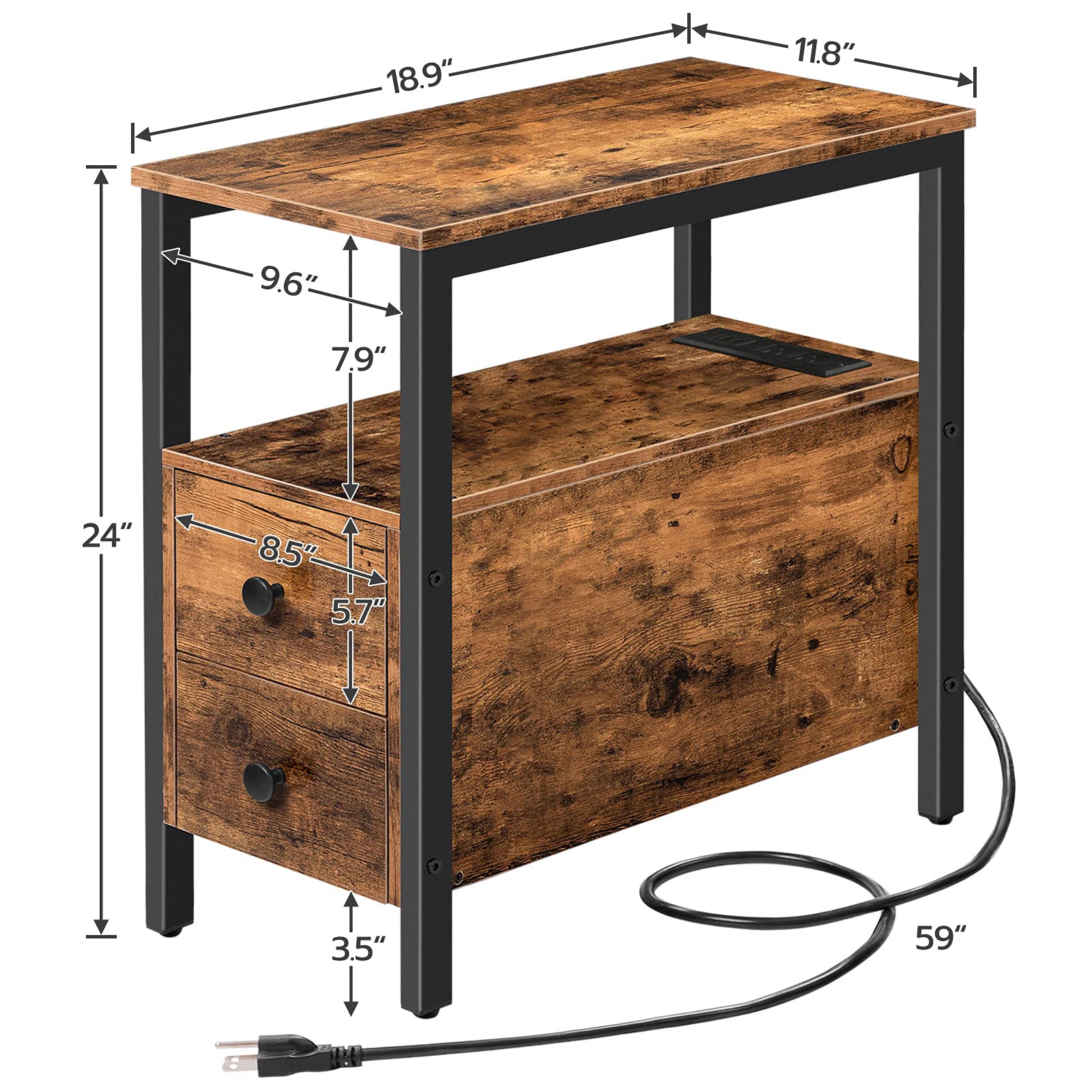 hoobro-lot-2-tables-de-chevet-marron-avec-prise image 3