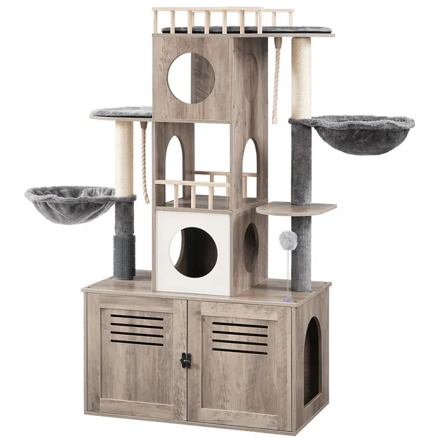 hoobro-pet-furniture-arbre-chat-greige-cache-liti-re-hamac image 1