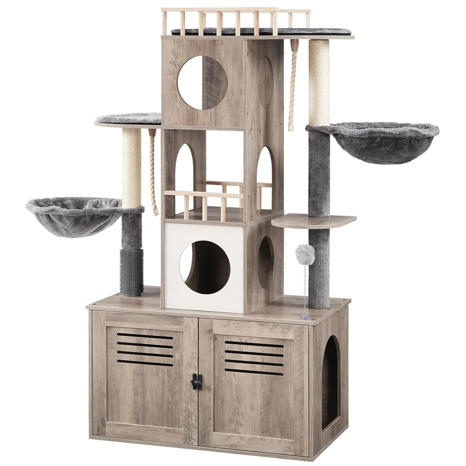 hoobro-pet-furniture-arbre-chat-greige-cache-liti-re-hamac image 1