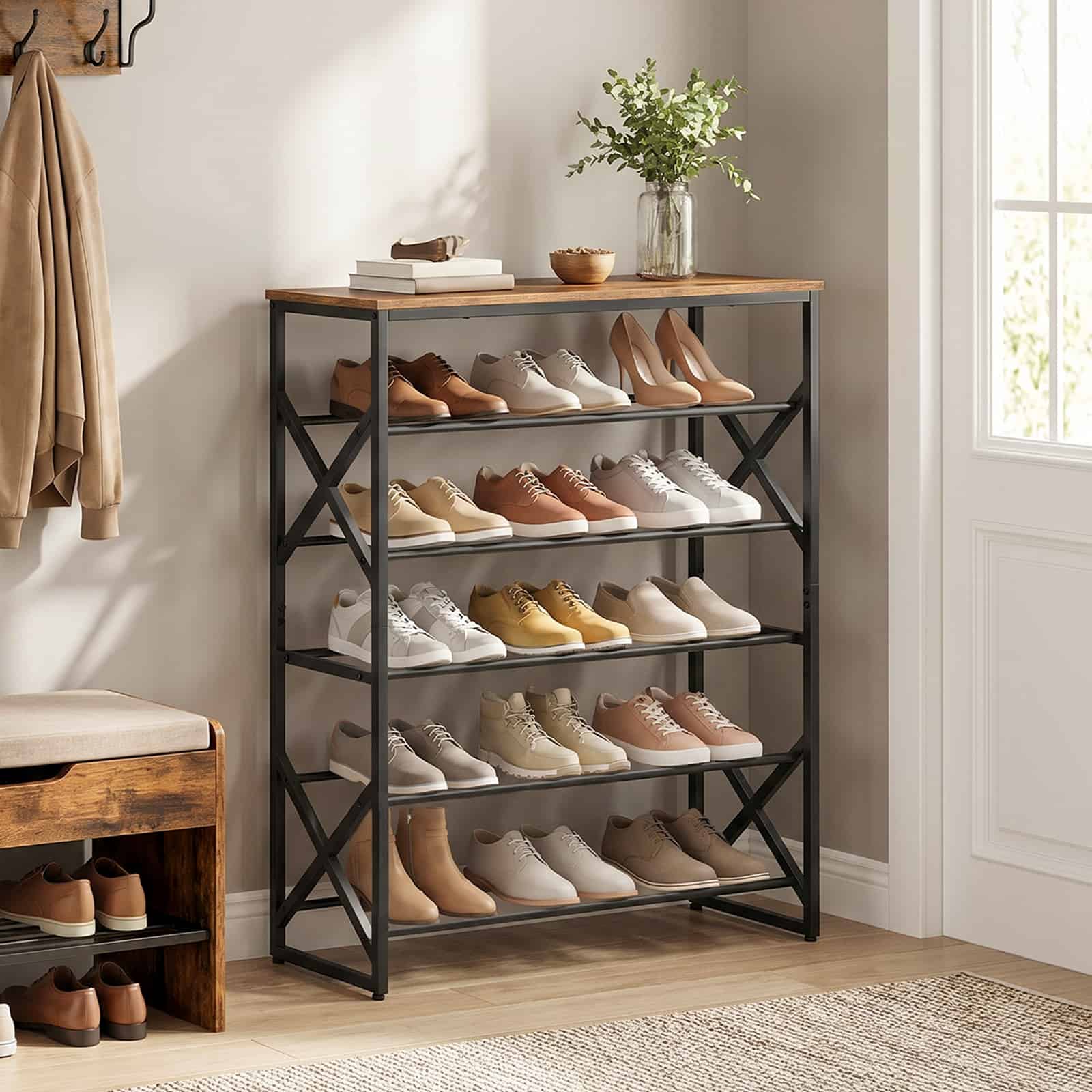 hoobro-meuble-chaussures-5-niveaux-marron-range image 2