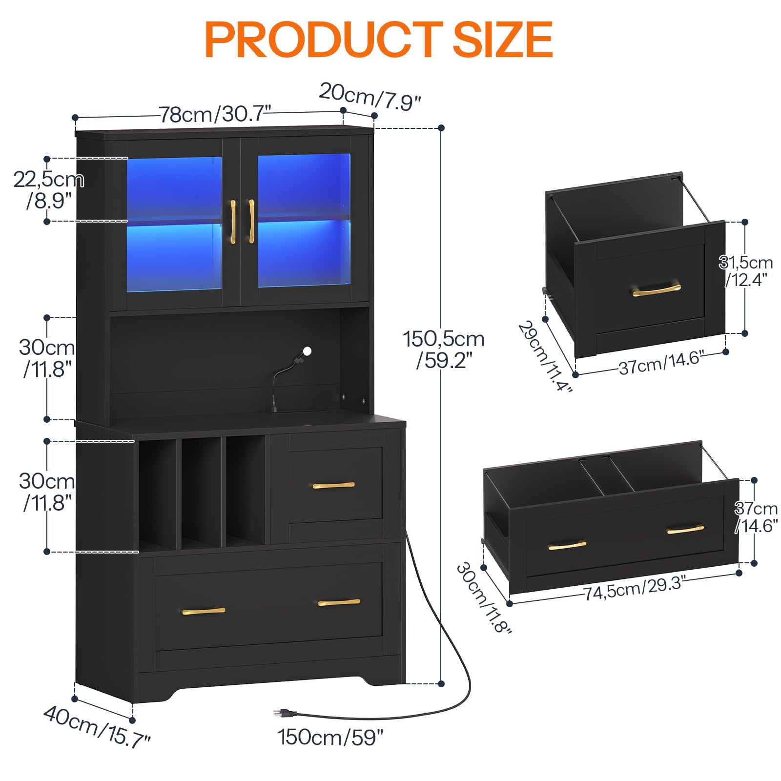hoobro-caisson-2-tiroirs-classeur-noir-led-usb image 3