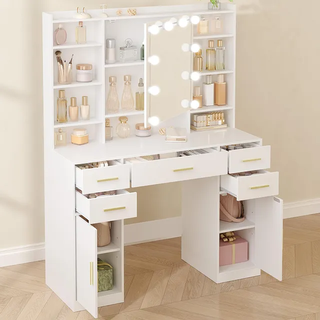 hexcelen-coiffeuses-avec-miroir-108-cm-blanche-led-5-tiroirs image 1