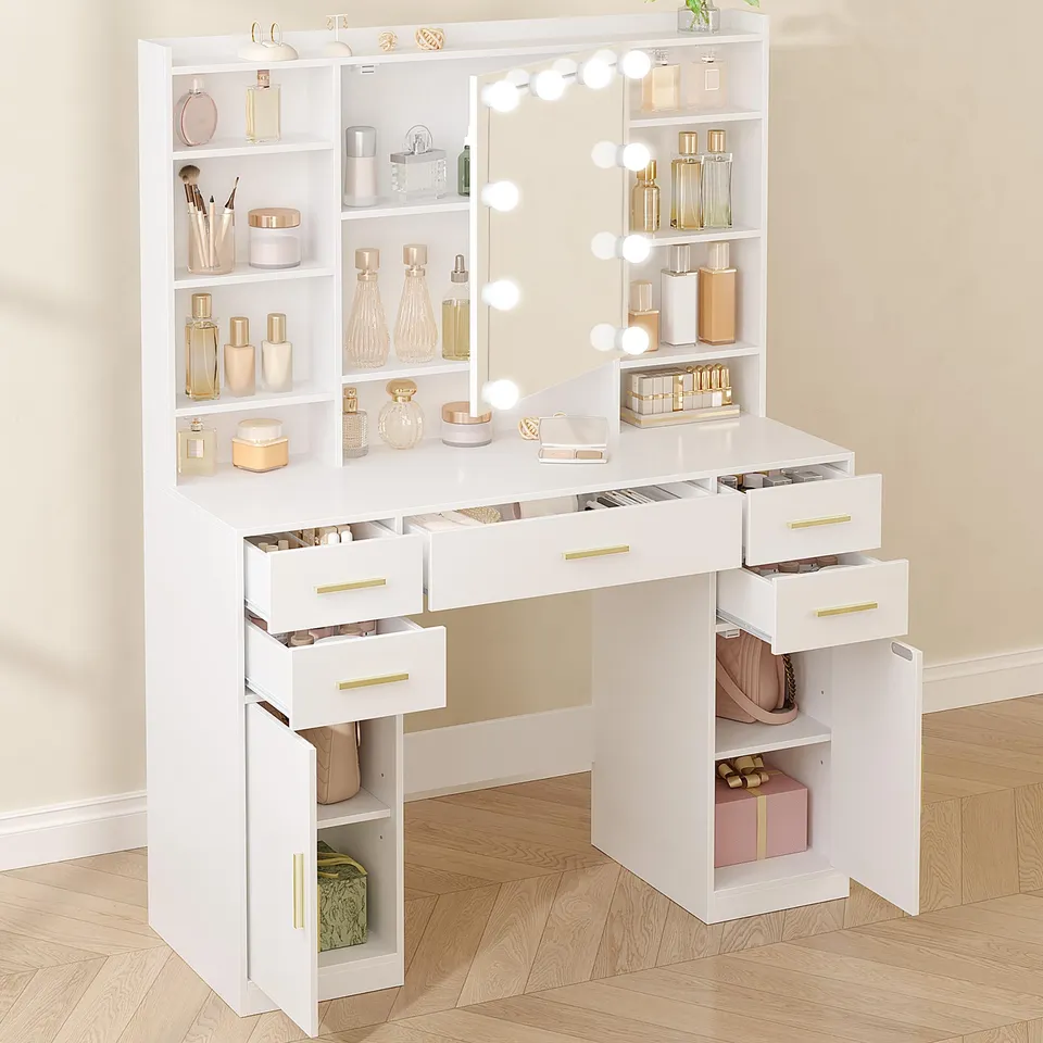 hexcelen-coiffeuses-avec-miroir-108-cm-blanche-led-5-tiroirs image 1