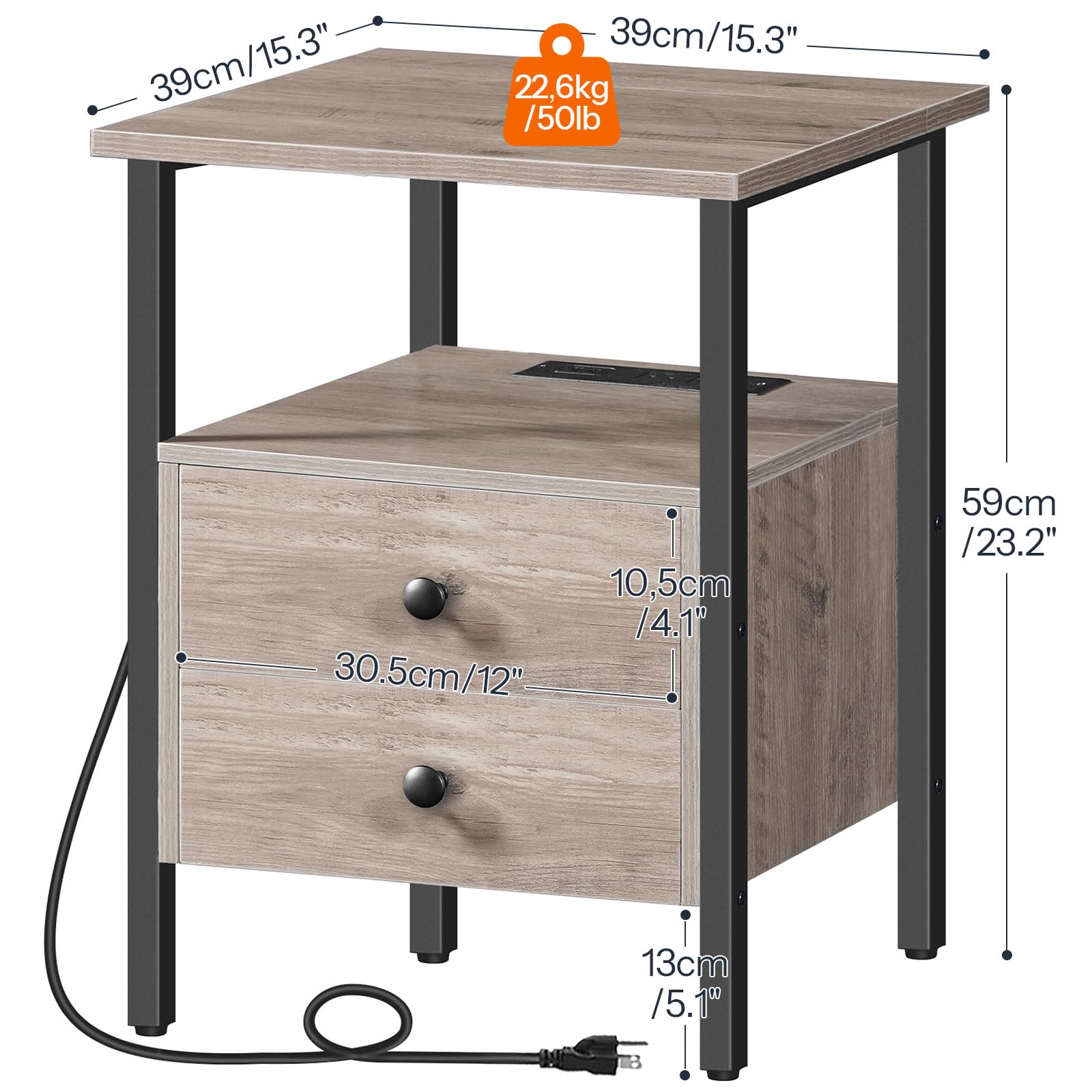 hoobro-table-de-chevet-2-tiroirs-greige-avec-prises-usb image 3