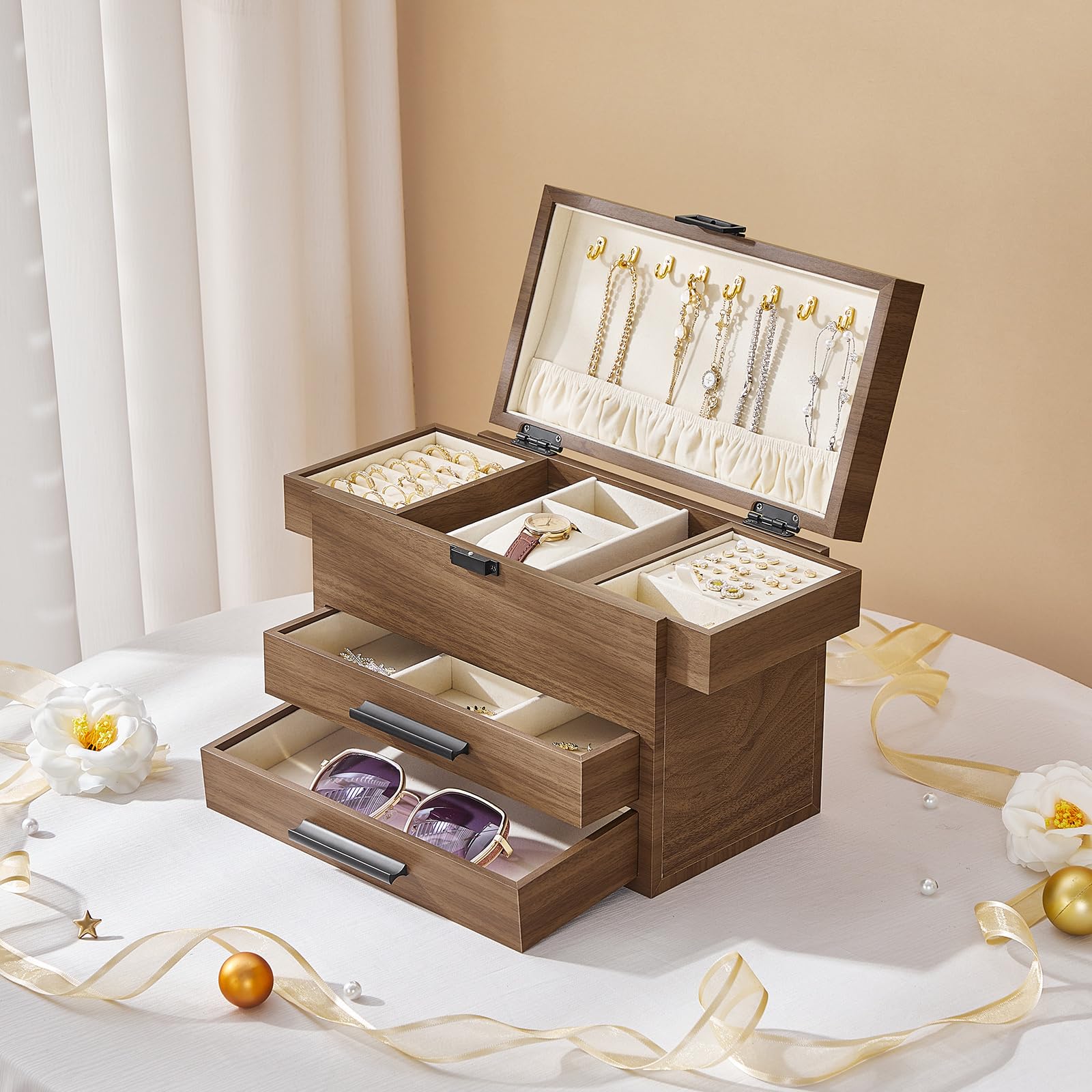hoobro-jewelry-boxes-4-tiroirs-bo-te-bijoux-noyer image 6