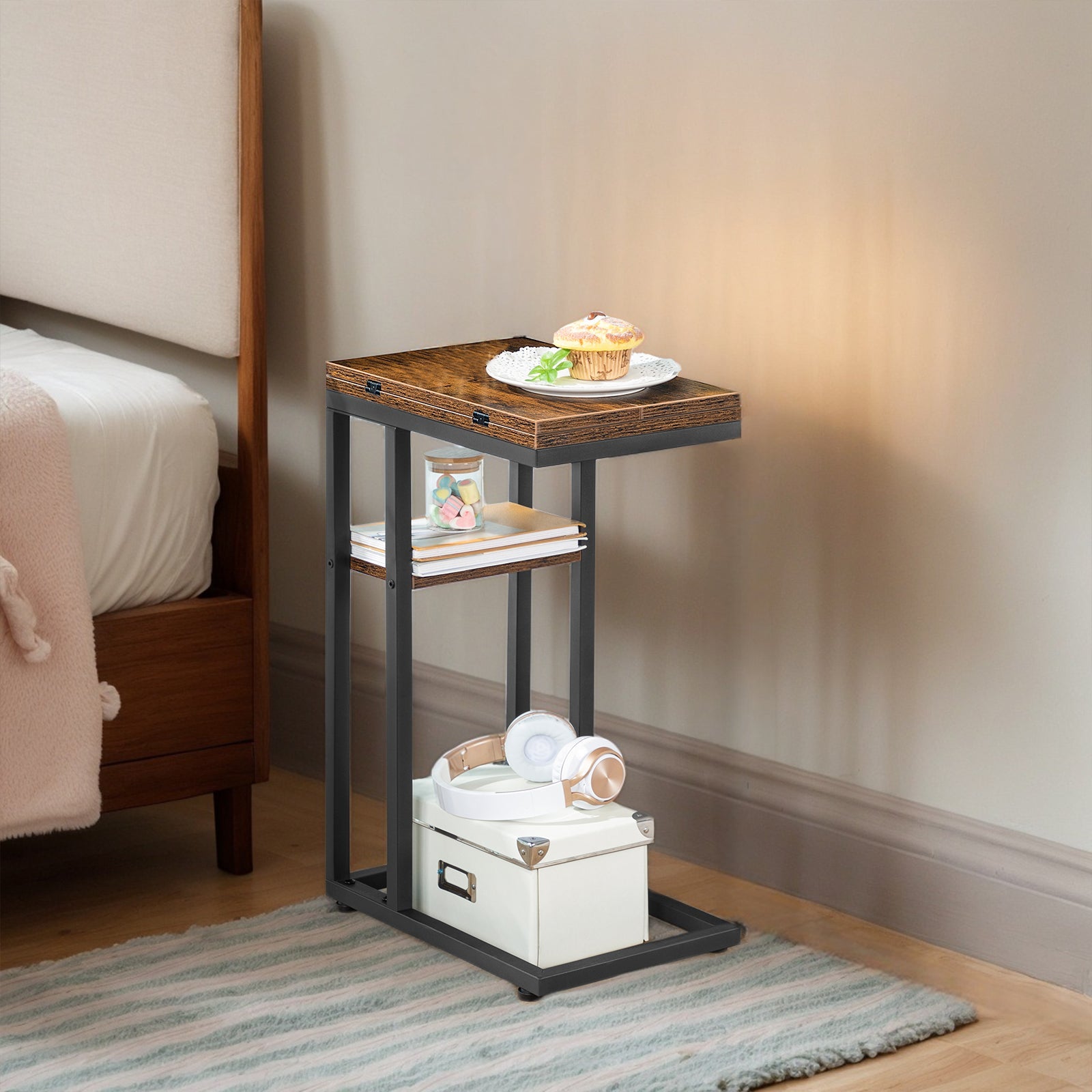 hoobro-side-tables-c-type-table-d-appoint-marron-pliable-avec-rangement image 8