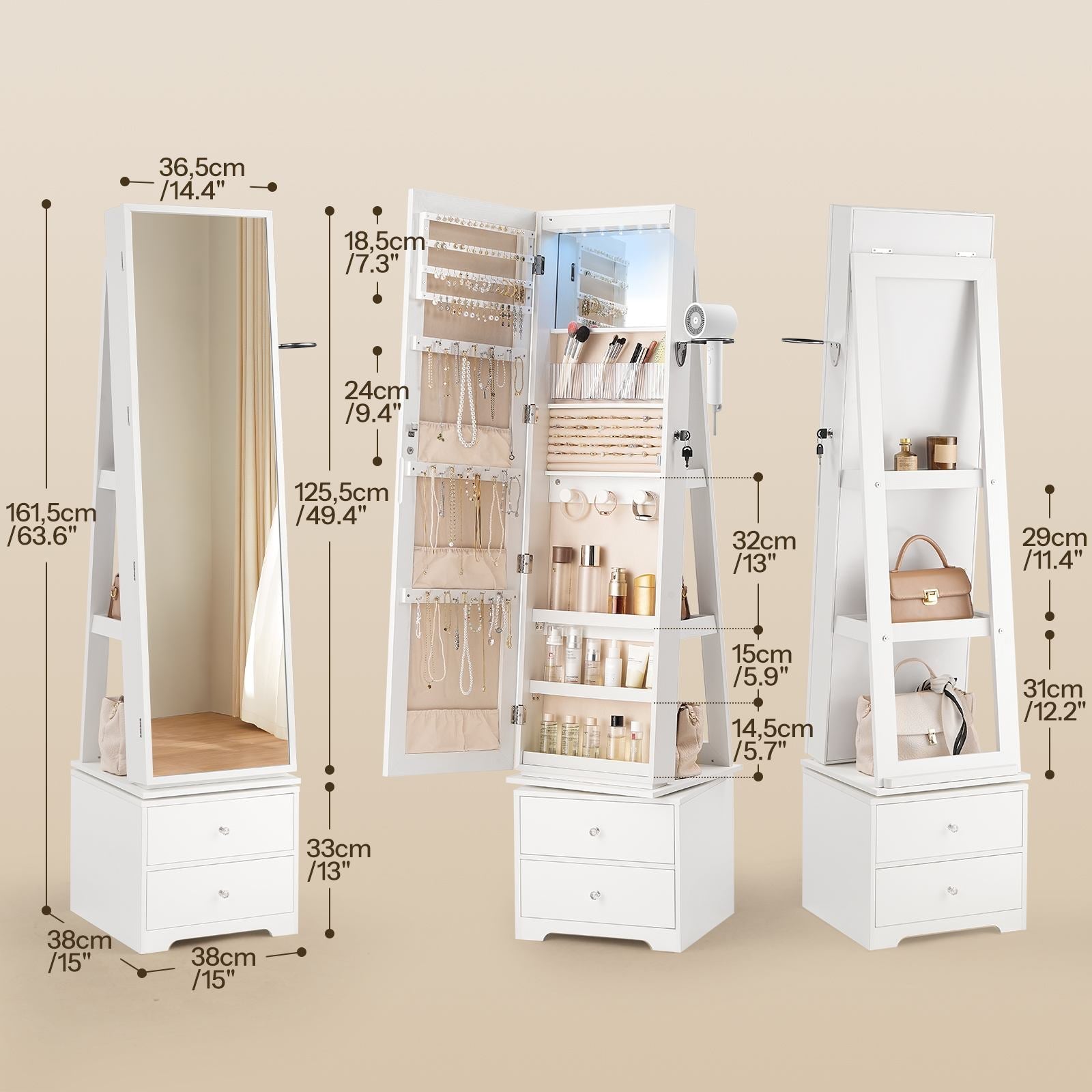 hoobro-jewelry-boxes-armoire-bijoux-blanche-led-360 image 3