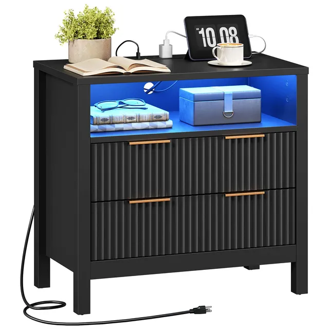 hoobro-table-chevet-led-noire-70cm-prise-usb-c image 1