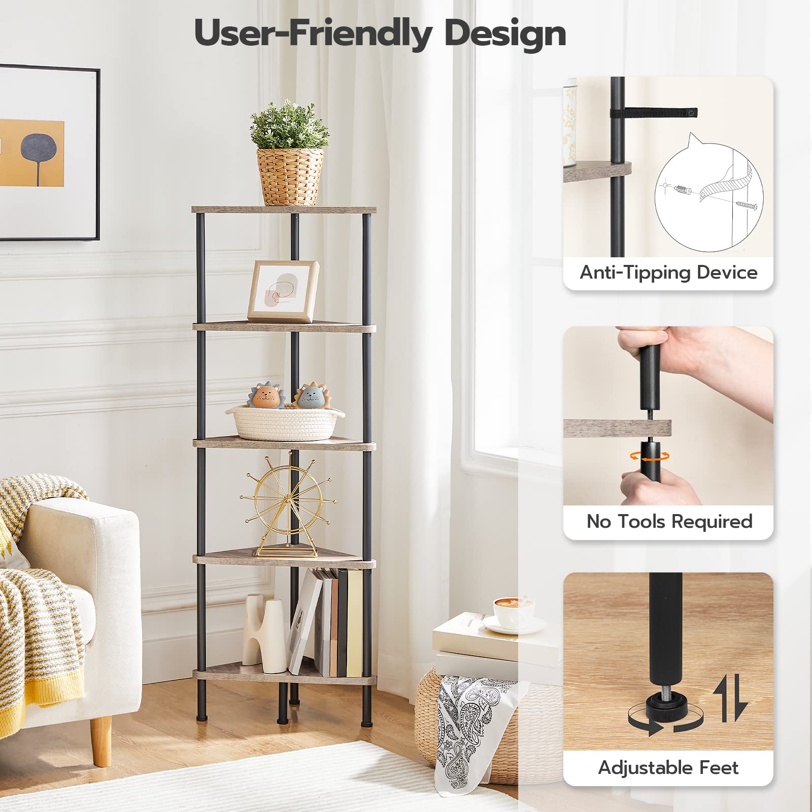 hoobro-bookshelves-5-tier-tag-re-angle-greige-5-niveaux image 7