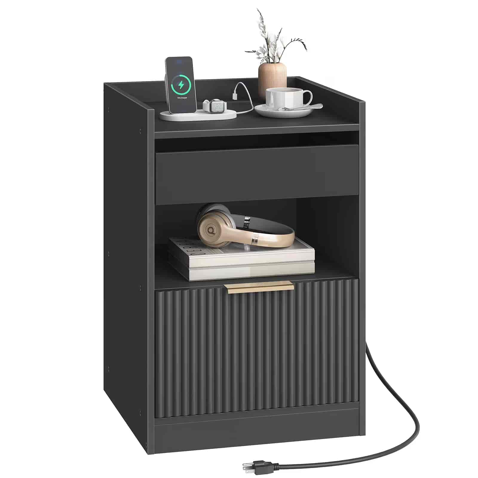 hoobro-nightstands-table-de-chevet-led-noire-avec-chargeur-tiroir image 1