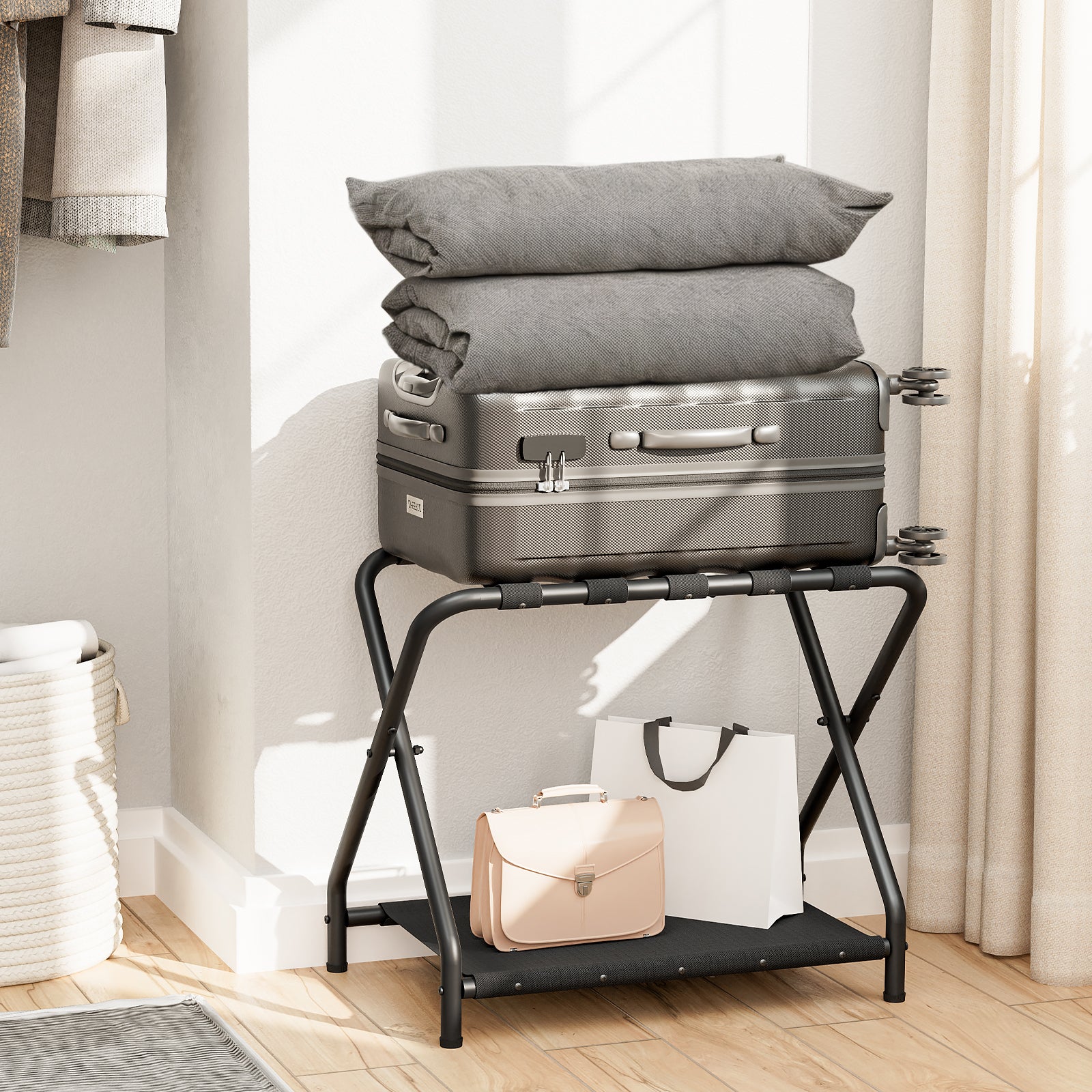 hoobro-porte-bagages-pliant-noir-avec-tag-re-tissu image 6