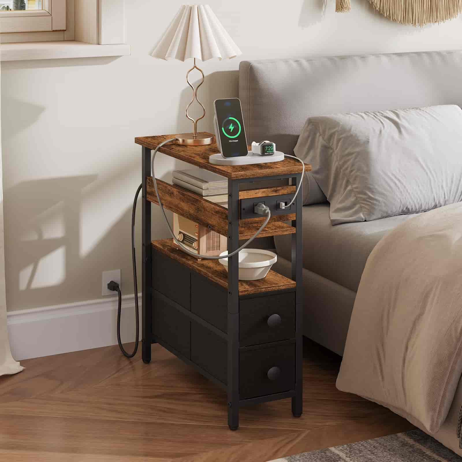 hoobro-side-tables-bout-de-canap-marron-prise-usb-tiroirs image 5