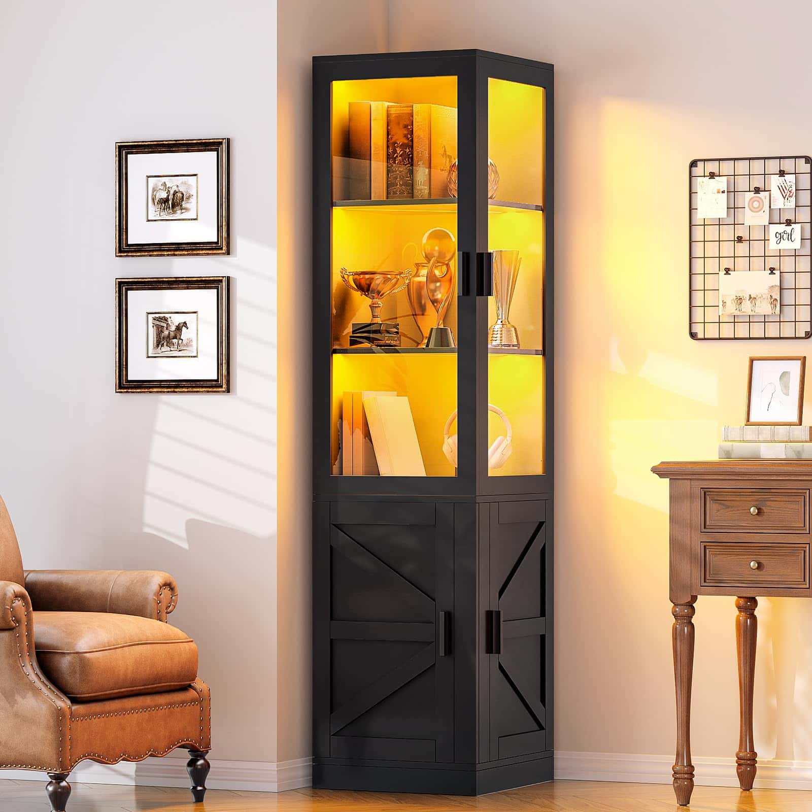 hoobro-vitrine-d-angle-noire-69-5-pouces-portes-verre-led image 3