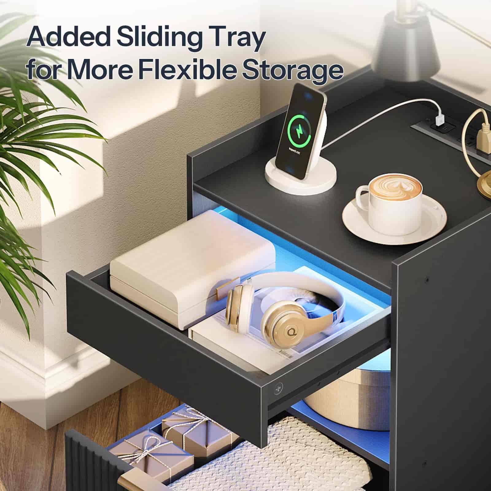 hoobro-nightstands-table-de-chevet-led-noire-avec-chargeur-tiroir image 8