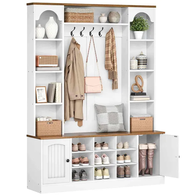 hoobro-hall-trees-vestiaire-entr-e-blanc-avec-banc-et-meuble-chaussures image 1