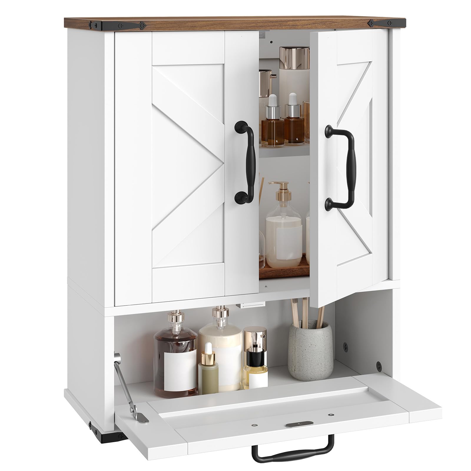 hoobro-armoire-murale-salle-de-bain-blanche-tiroir-farmhouse image 1