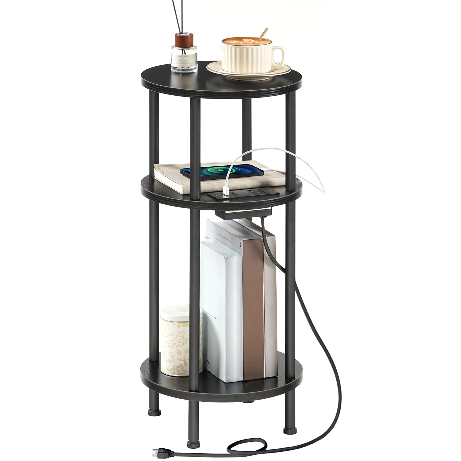 hoobro-side-tables-table-d-appoint-ronde-noire-3-niveaux-avec-prise image 3