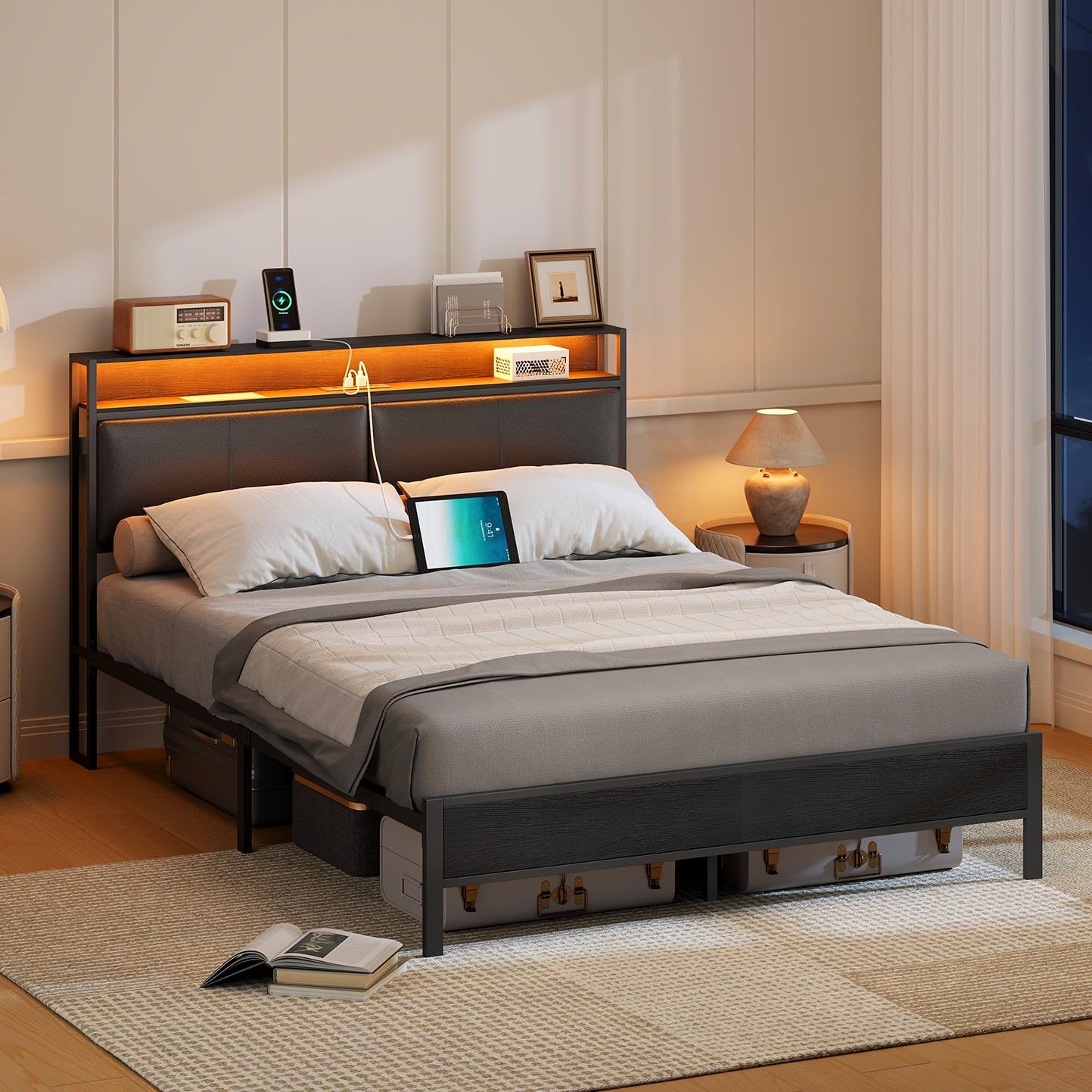 hoobro-bed-frames-cadre-de-lit-queen-m-tal-led-noir-usb image 4