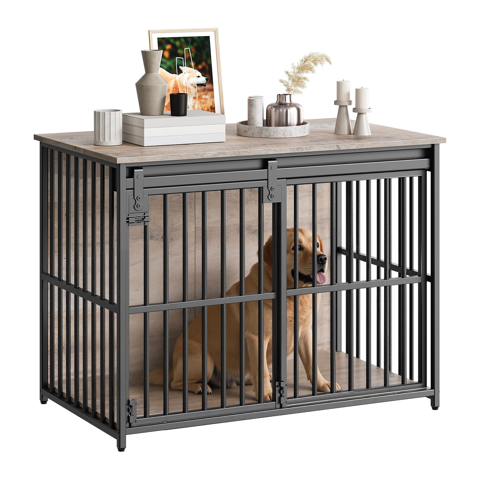 hoobro-cage-chien-bois-gris-porte-coulissante-niche-int-rieure image 1
